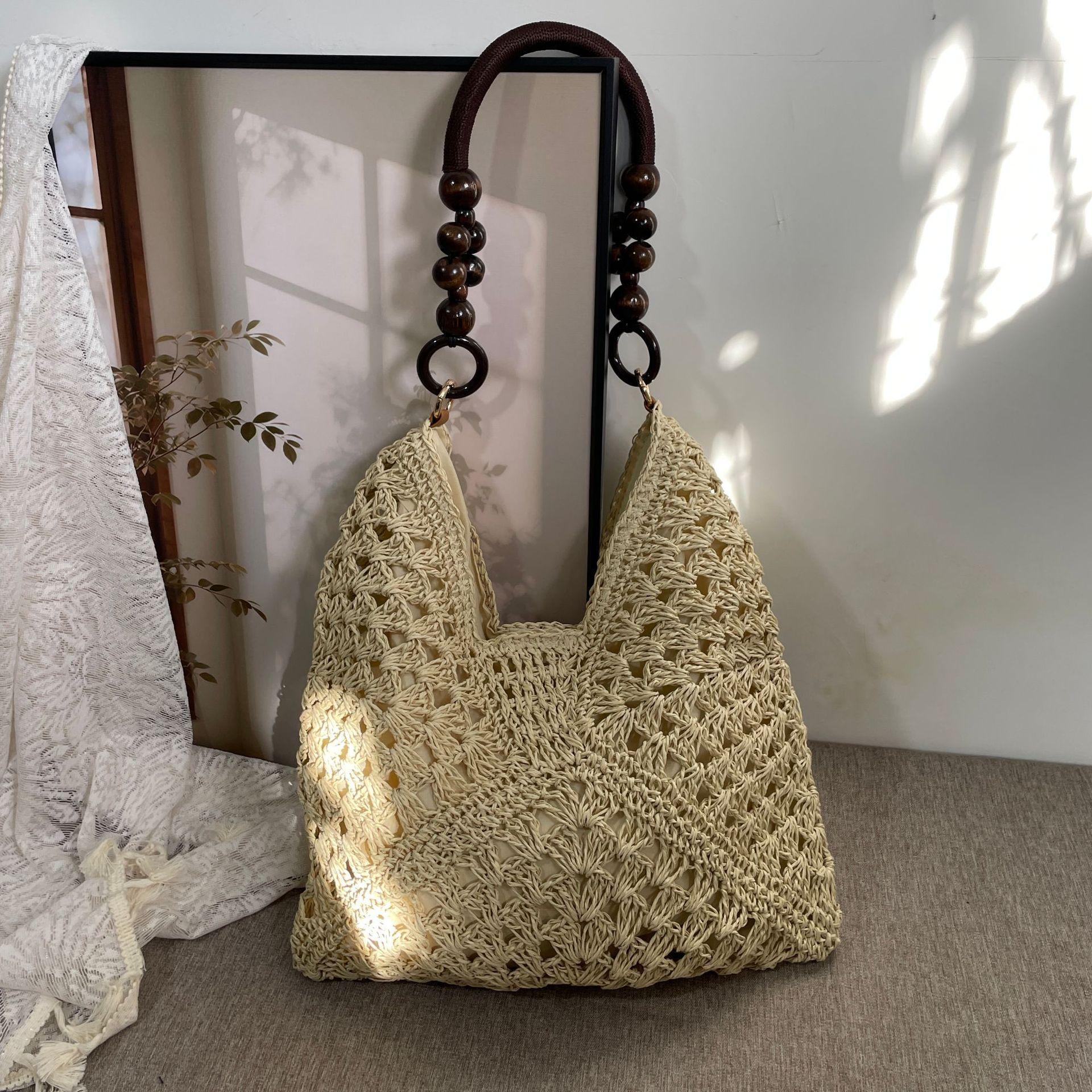 Women's Handmade Paper Rope Crochet Straw Shoulder Bag, PU Material With Adjustable Strap, Cold Wash Compatible Woven Handbag, Summer Accessory For Beach Vacation Casual Outfit Styling Use