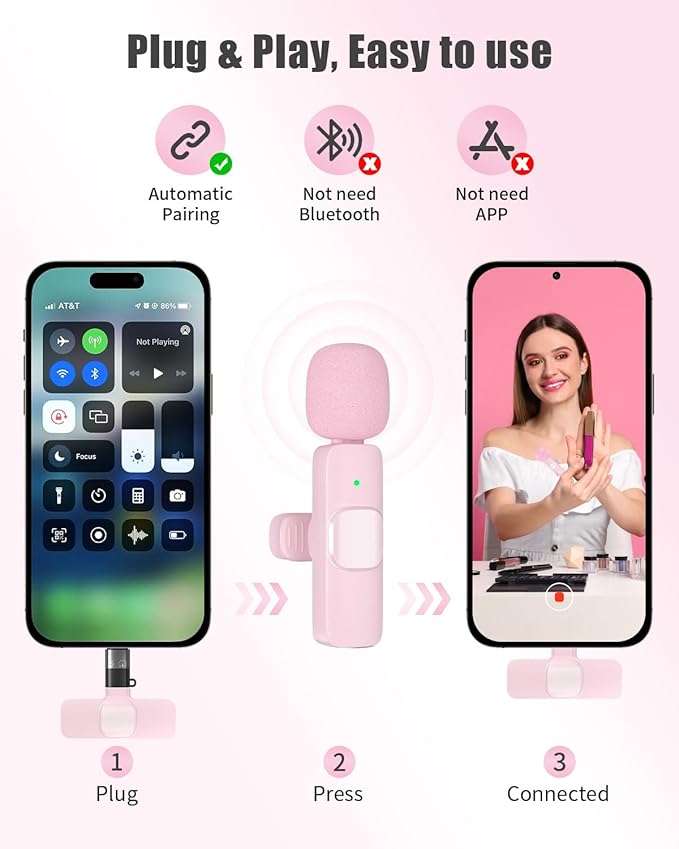 Wireless Microphone for Android/iPhone, Wireless Mic for iPhone 13 14 15 16 with Noise Reduction Chip, Mini Microphone for Recording Podcast YouTube, TikTok(2 Pack)