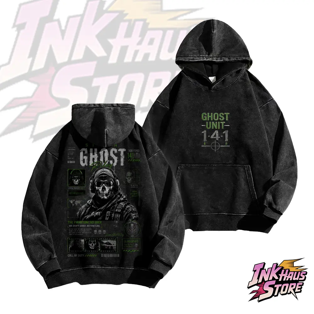 Inkhausstore-Inkvaultarchive Vintage Wash Ghost Graphic Hoodie Retro Military  Long Sleeve Cotton Unisex Vintage Hoodie