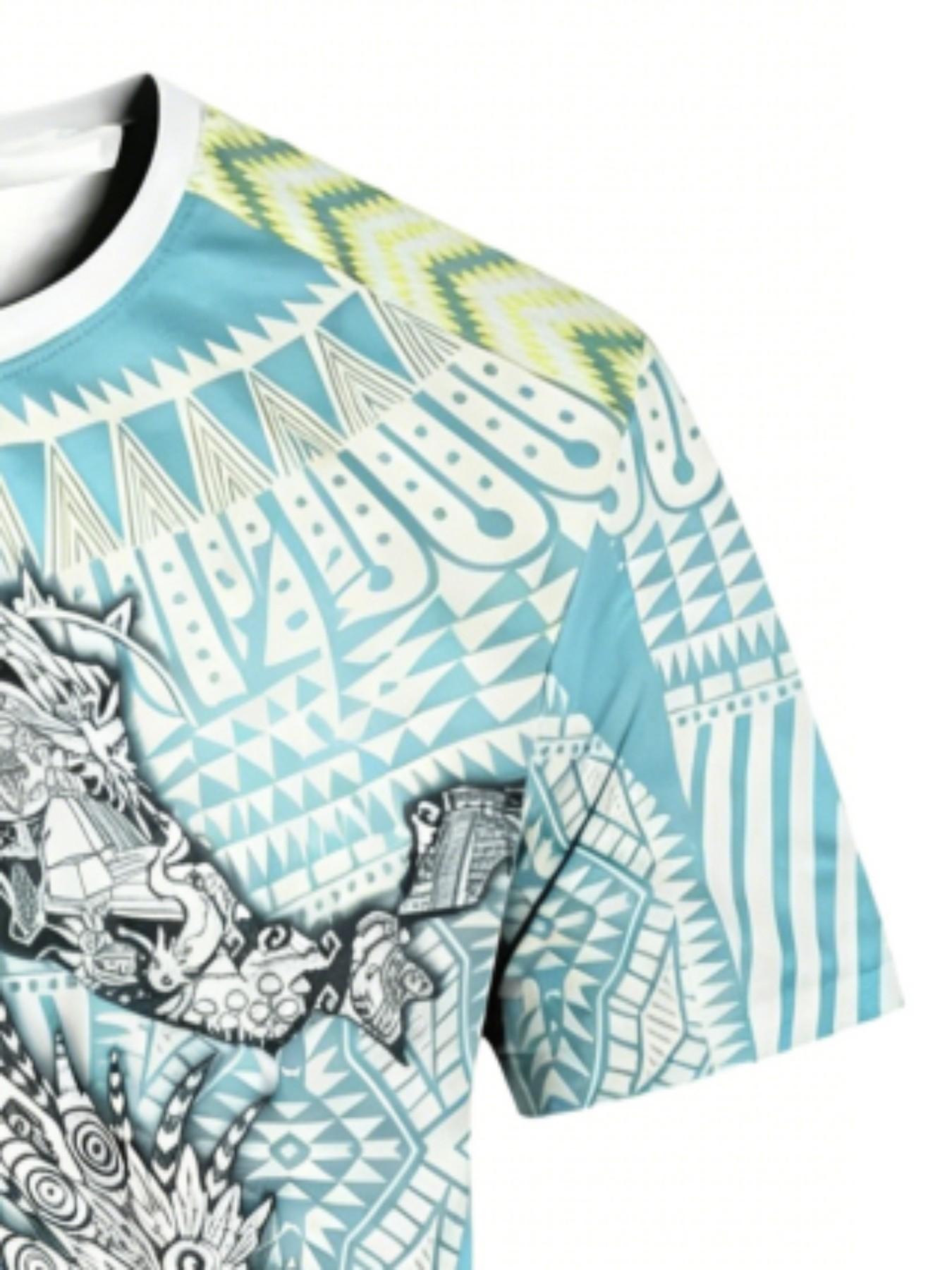 Men's Aztec Quetzalcoatl Mexico Map Sport T-Shirt, Tribal Style Round Neck Short Sleeve Top, Loose-Fitting Geometric Pattern, All Seasons