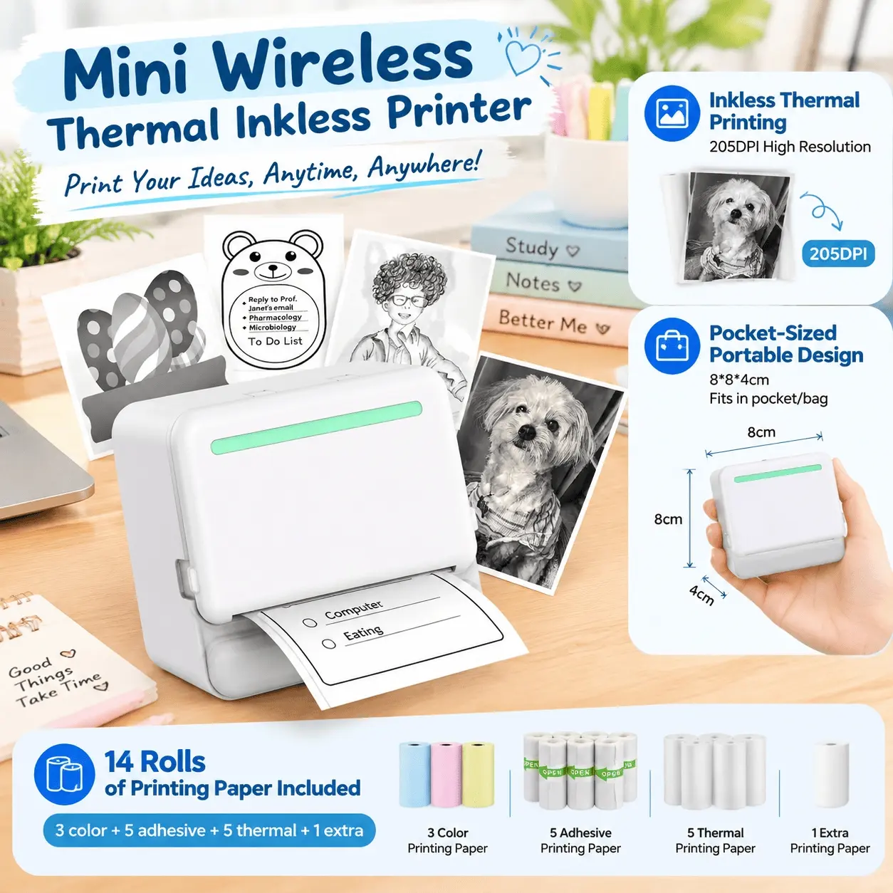 1PC Mini Wireless Sticker Printer, Portable Thermal Inkless Printer, for Printing Study Notes, Photos and Diaries, Wireless Connection for Immediate Printing and Pasting