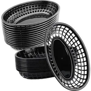 50 Pack Oval Fast Food Baskets, Reusable Black Bread Basket, Plastic Deli Chip Baskets, 8.9"L x 5.3"W Food Service Tray Holder for Burgers, Fries, Snacks, Sandwiches, Burgers, Nachos, Picnic