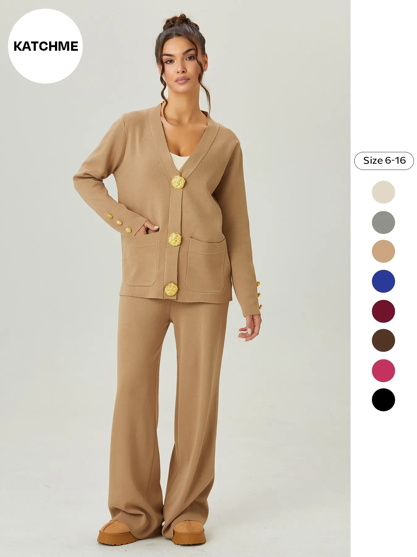 Women's Versatile V-Neck Gold Button Side Pocket Knit Cardigan and High Waist Wide Leg Pants Set, Elegant Two-Piece, Comfortable Women's Clothing#TikTokMadeMeBuyIt #CasualChic#MatchingSet
