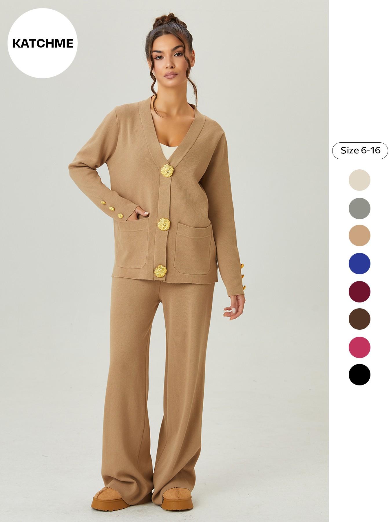 Women's Versatile V-Neck Gold Button Side Pocket Knit Cardigan and High Waist Wide Leg Pants Set, Elegant Two-Piece, Comfortable Women's Clothing#TikTokMadeMeBuyIt #CasualChic#MatchingSet