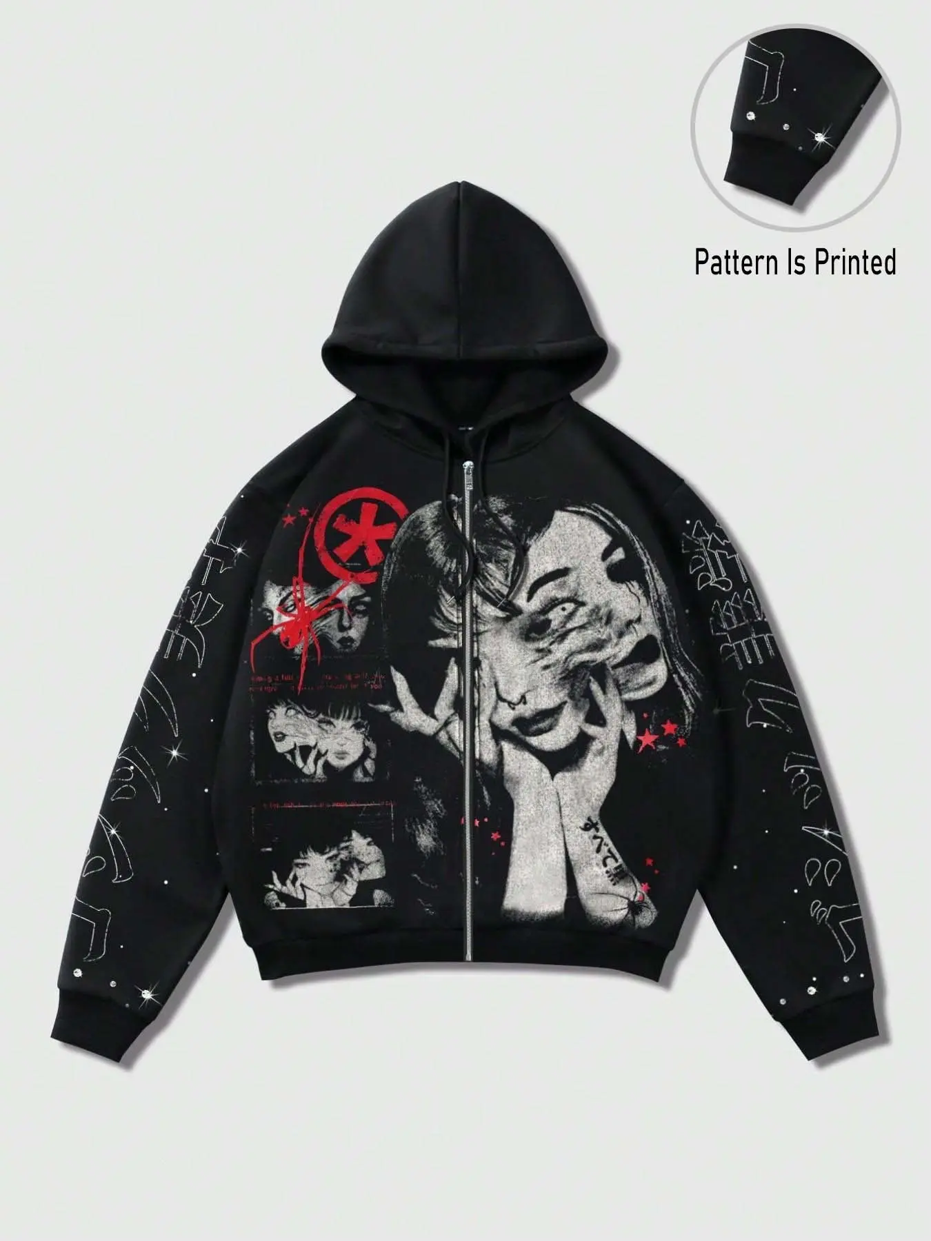 Y2K Dark Style Comic Portrait Print Hoodie, Fashion High Street Warm Zip-Up Sweatshirt, American Vintage Trendy Outerwear, Casual Streetwear, Graphic Hooded Sweatshirt
