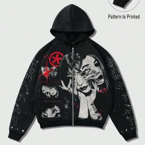 Y2K dark style comic portrait printed Baggy sweatshirt, fashionable casual warm hooded zip-up jacket, American high street retro trendy sweatshirt