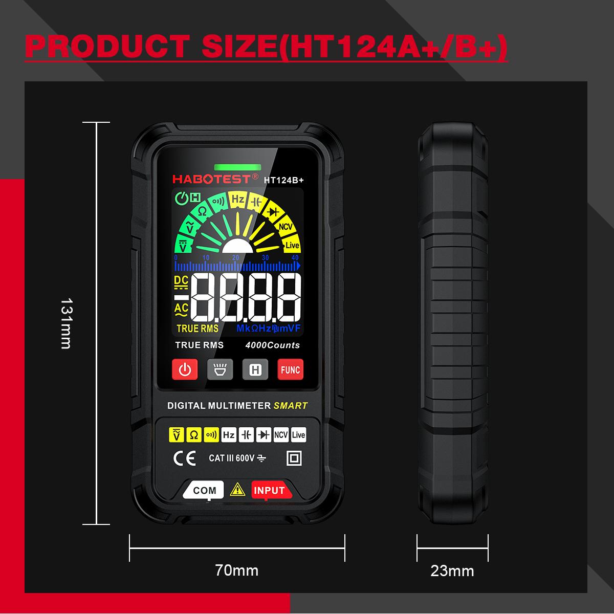 HABOTEST HT124B+ Smart Digital Multimeter 2.5-inch Color LCD Screen 600V AC/DC Voltmeter 4000 Counts True RMS Auto Ranging Voltage Meter NCV Live Wire Tester Resistance Capacitance Frequency Hz