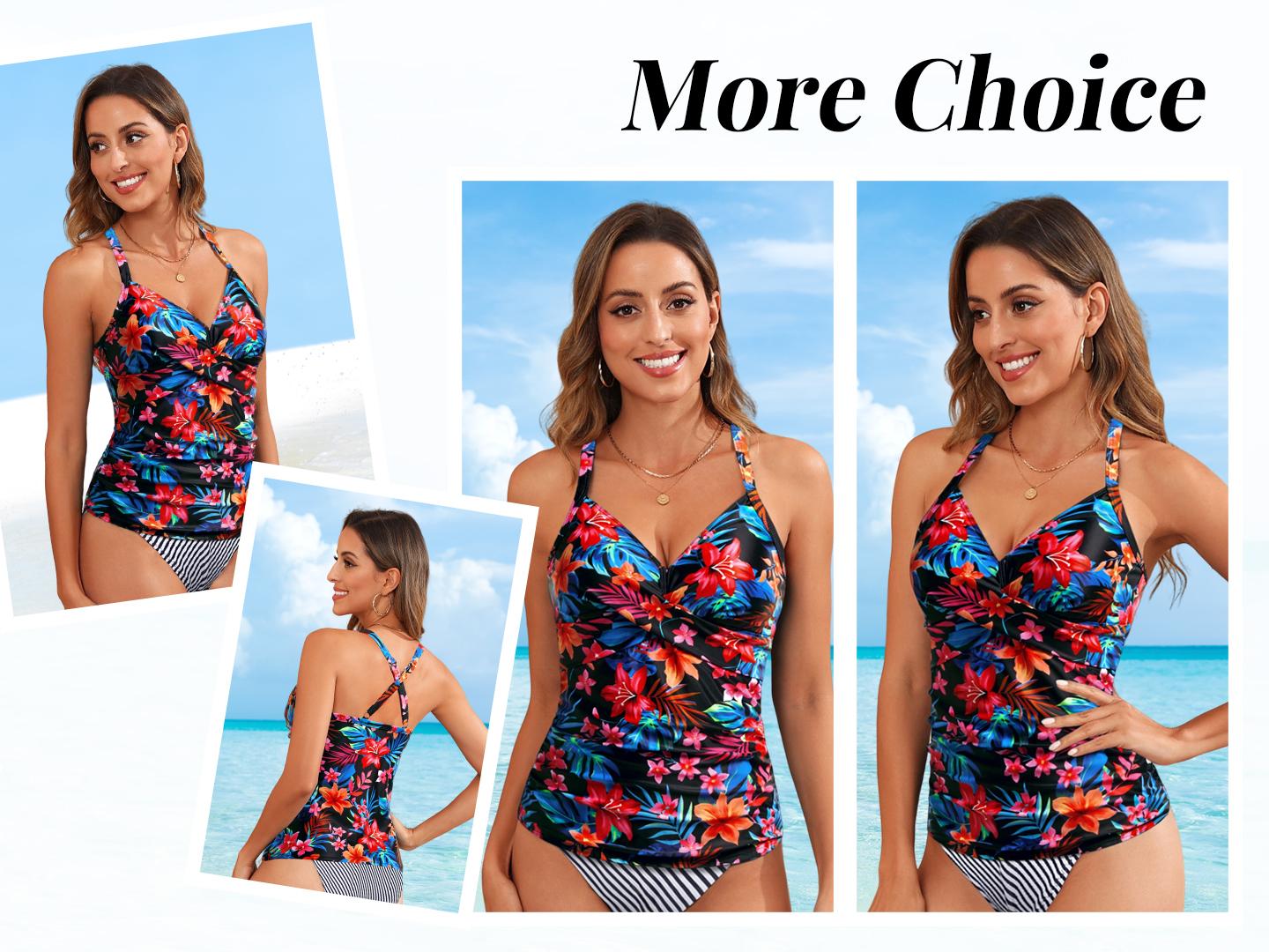Tempt Me Women Tankini Bathing Suit Top - Twist Front V Neck Swim Top Ruched Tummy Control Top Only No Bottom