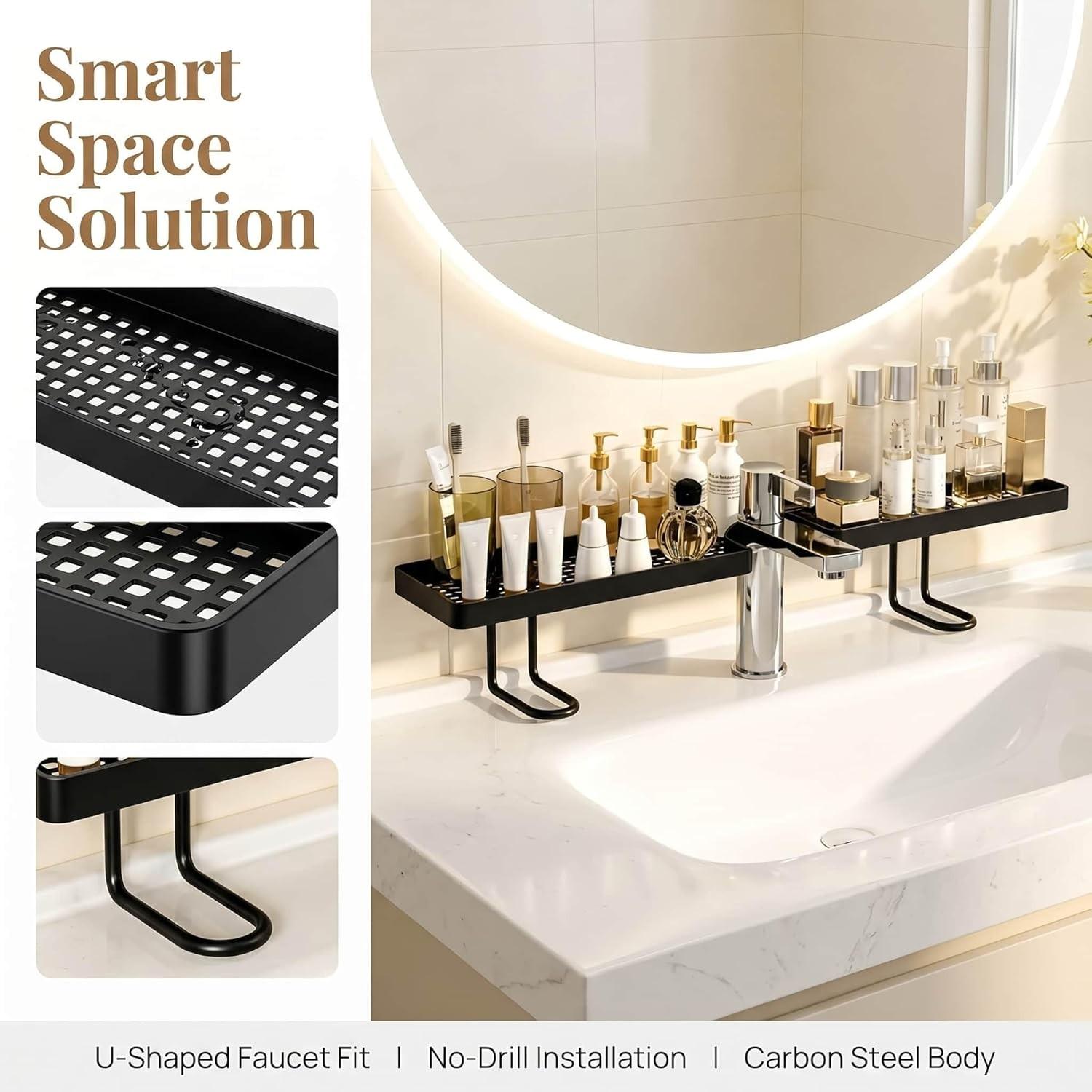 Over the Sink Shelf No Drill No Glue, Over The Sink Shelf Bathroom Organizer, No Drill Behind The Faucet Sink Organizer with U-Shaped Design, Space Saving Smart Sink Organizer Rack