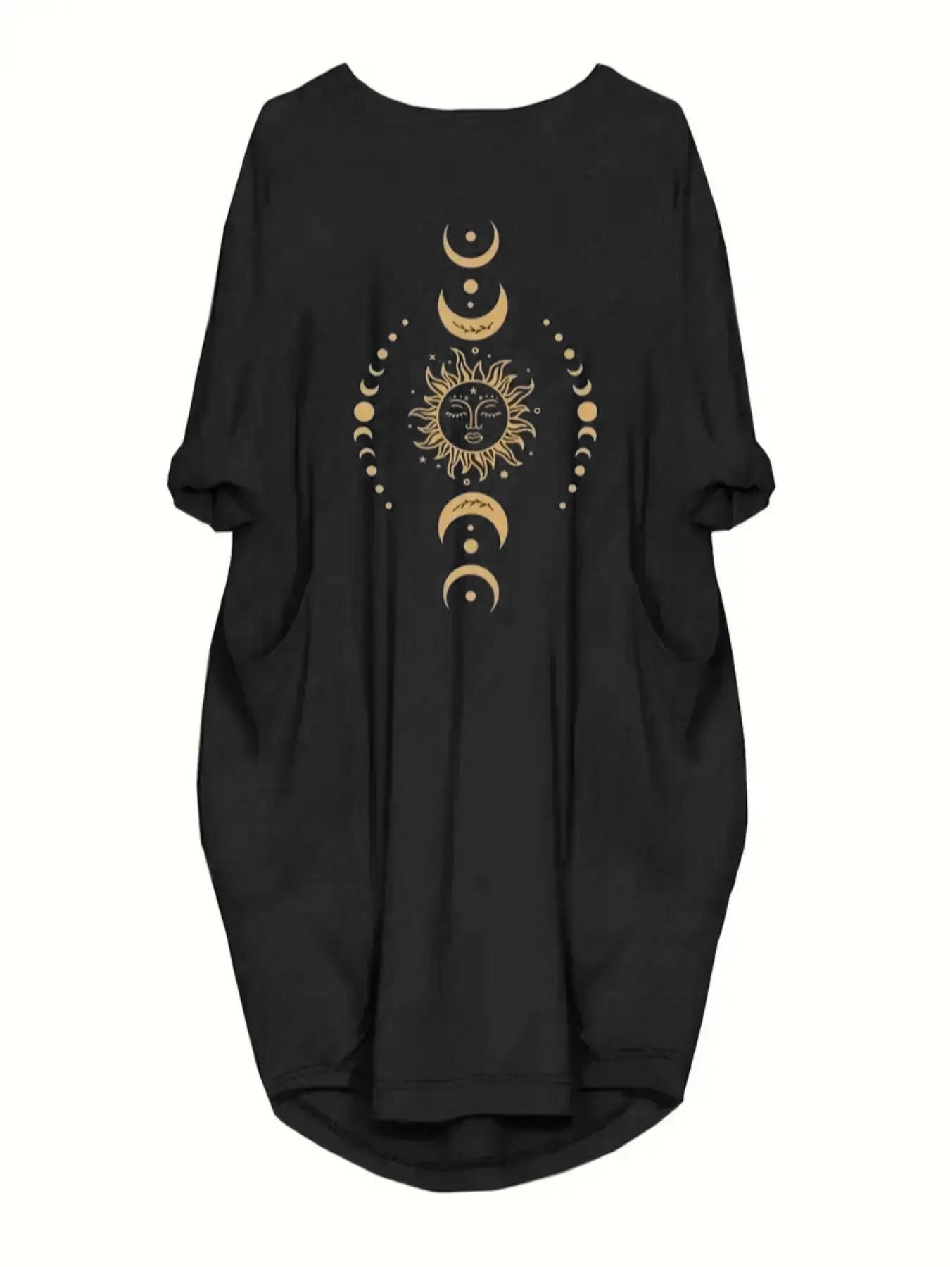 Plus Size Moon & Sun Print Asymmetrical Hem Graphic Dress, Casual Long Sleeve Round Neck Dress for Summer, Women's Plus Clothing for Daily Wear, Womenswear