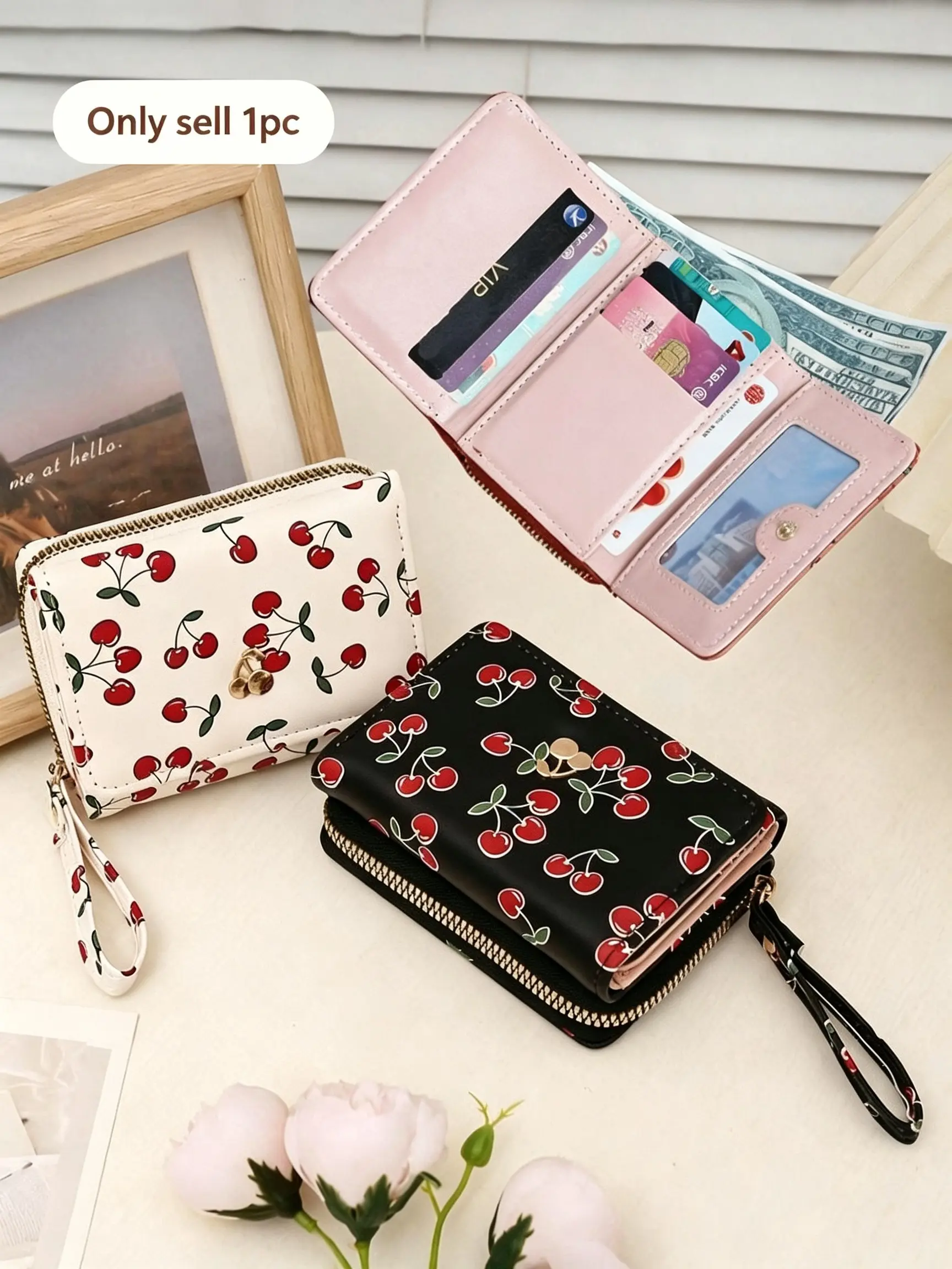 New Women's Short Wallet Cherry Print Foldable Wallet Zipper Trifashion Handbag With Multiple Card Slots And Coin Pocket Perfect For Daily Use Back To School Gift Birthday Gift For Ladies