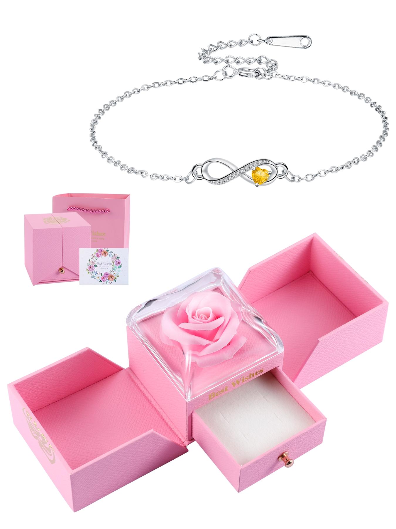 Love Heart CZ Birthstone Infinity Bracelets With Rose Jewelry Gift Box, Endless Love Symbol Bracelets for Women, Anniversary Birthday Christmas Jewelry Gift for Wife Mom Daughter, Heart Shaped Bracelet