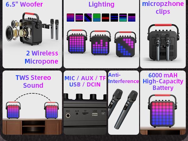 Karaoke Machine for Adults & Kids with Full-Screen LED Lights, Portable BT Speaker with 2 Microphones, Bass/Treble Adjustment, Supports TWS/FM/AUX/USB/TF Card for Home Party