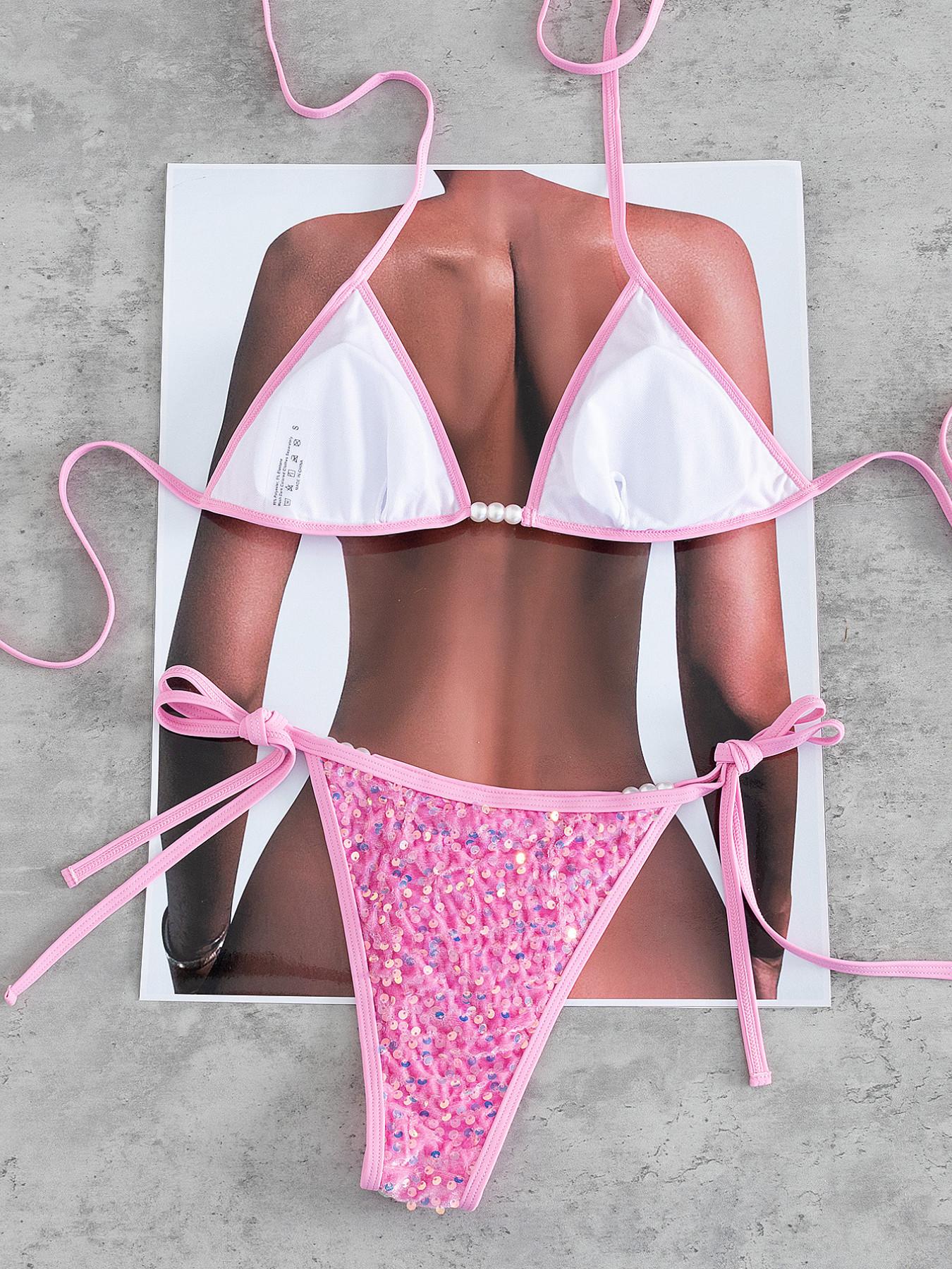 Women's Sequined Halter Bikini Set, Elegant Twist Back Tie Beaded Swimwear, Perfect for Resort Beach Evening Date Summer