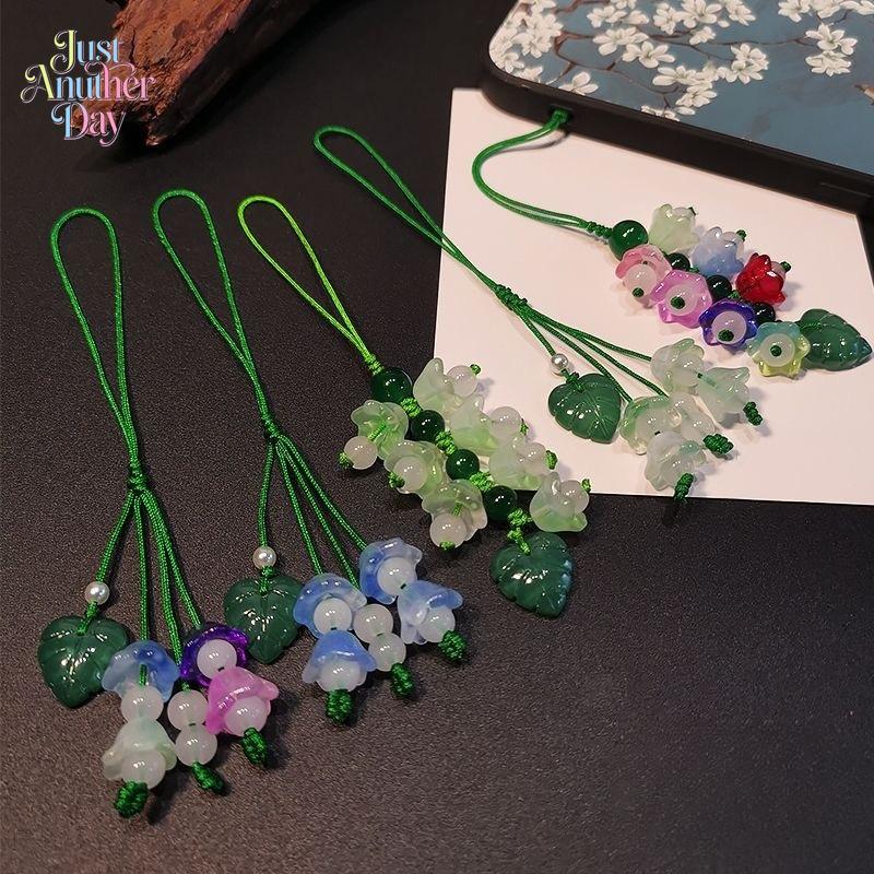 Lucky Bell Orchid Glass Charm, Aesthetic Lily of the Valley Phone & Bag Pendant, Feng Shui Green Flower Accessory for Phones, Bags & Keys