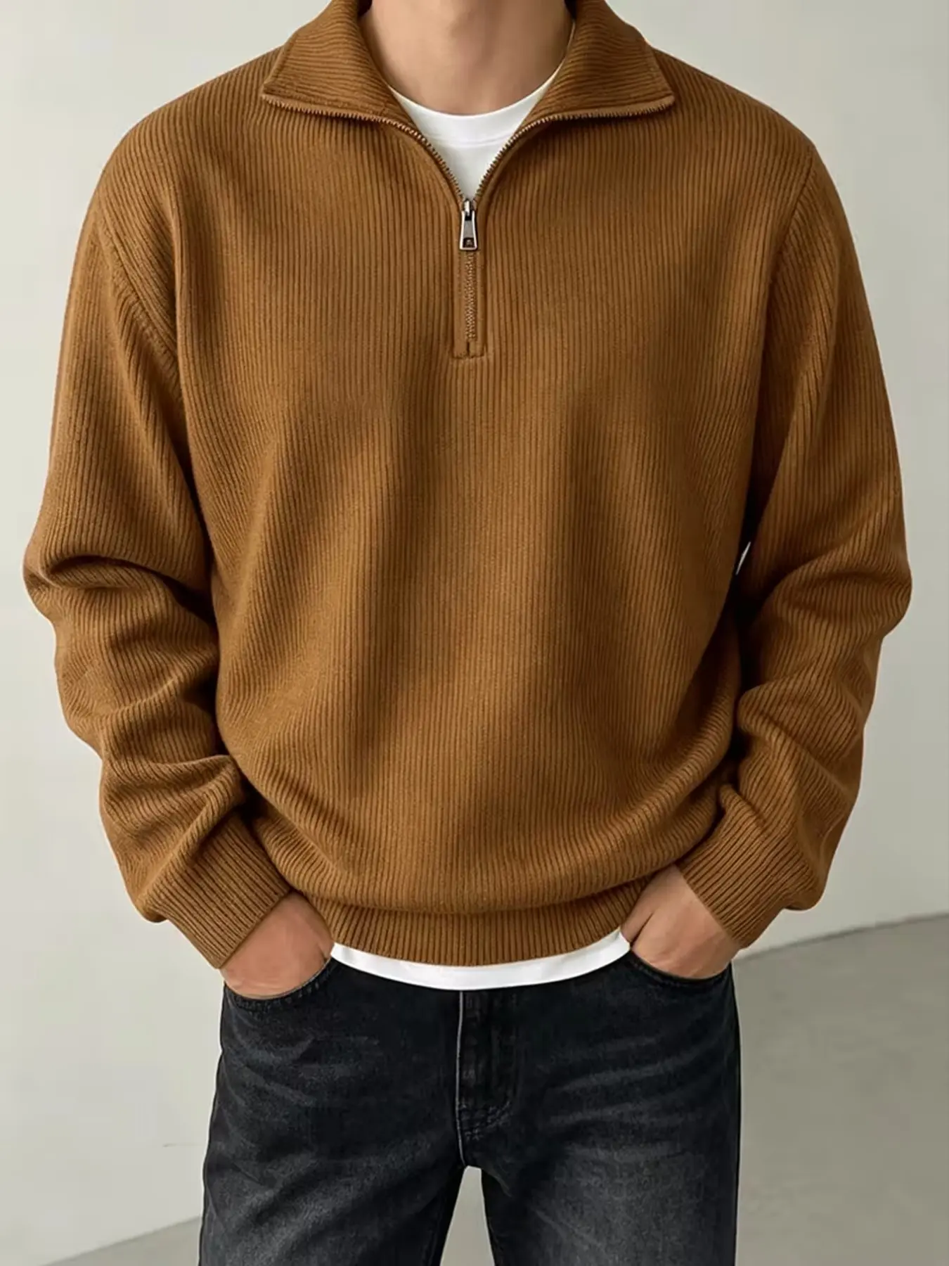 Fashion Men's Lapel Half-Zip Knit Sweater, Vertical Groove Texture Solid Color Loose Warm Pullover, Autumn Winter Casual Male Clothing Knitwear