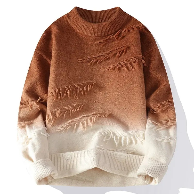American Street Style Gradient Tie-Dye Tassel Leaf Crew Neck Sweater, Three-Dimensional Tassel Leaf Decoration Drop-Shoulder Knitwear, Vintage Distressed Men'S Autumn And Winter Trendy Casual Pullover Top