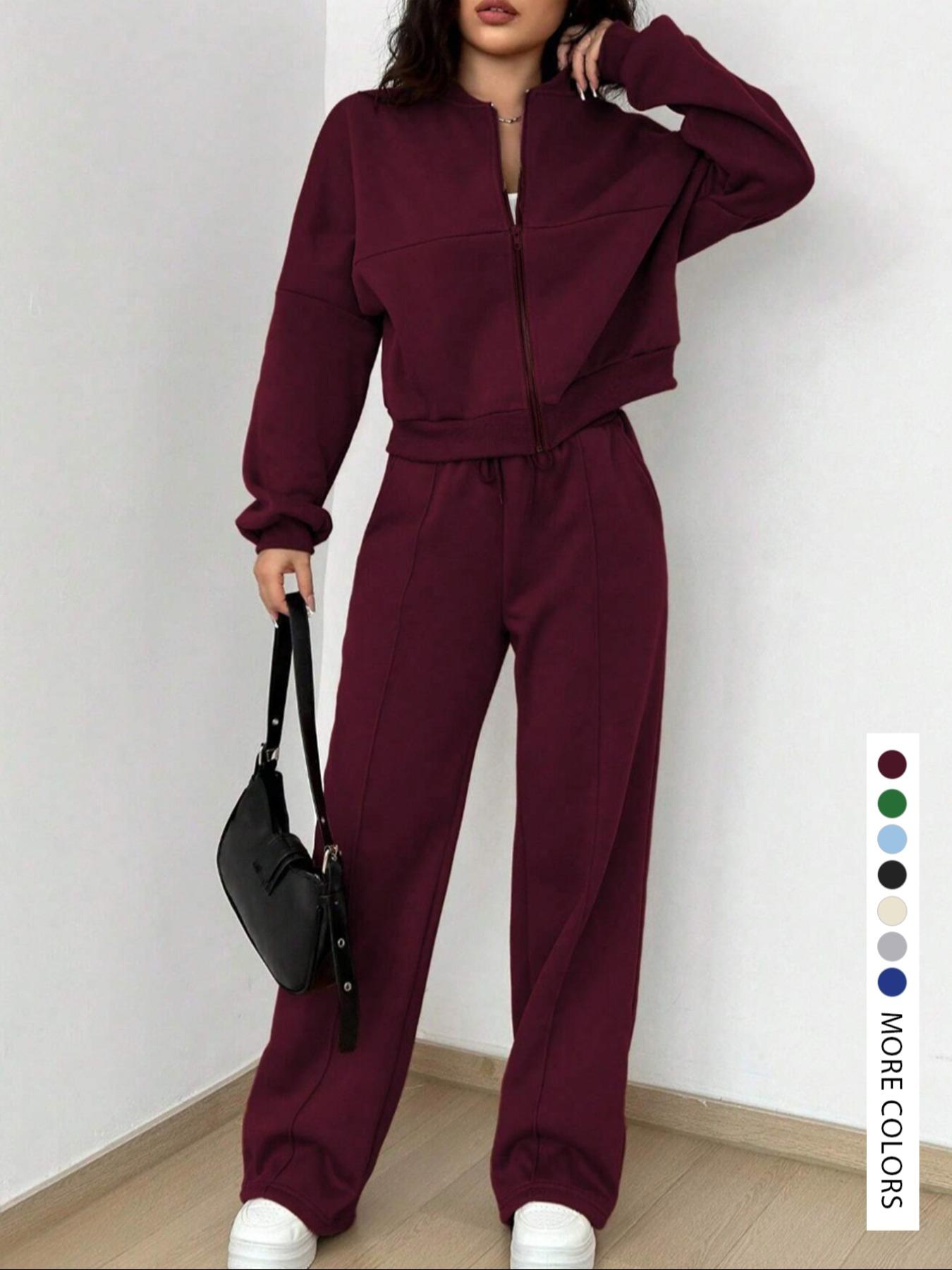 Modest Two-Piece Women's Solid Color Zip Jacket and Drawstring Pocket Pants, Comfortable Breathable Casual for All Seasons,Airport Outfit