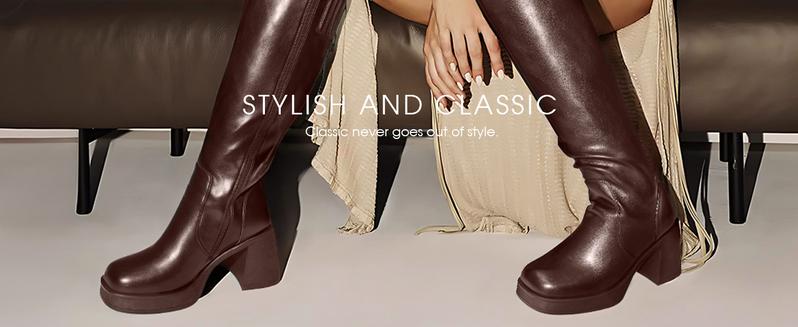 【Wide Calf】Knee High Boots for Women, Square Toe Chunky Block Heeled Platform Tall Leather Cogo Boots with Side Zipper Footwear Gir Walking Shoes Girl Comfort Fallfashion Brown Flatform