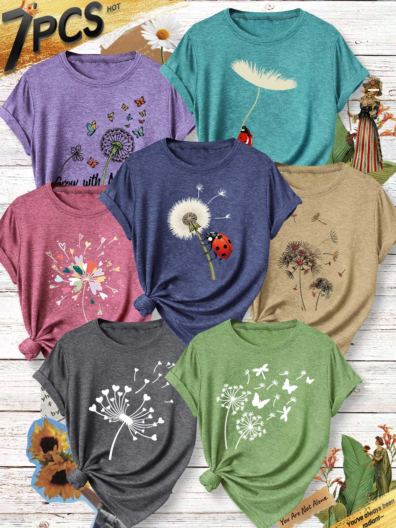 7Pcs Women Crew Neck T‑Shirts,Yoga Chakra Mandala Printed Pattern,Multi‑color Available,Machine Washable,Spring Summer Tops,Soft Skin‑friendly Fabric,Daily Use,Fashion Design,Daily Versatile Women Short Sleeve Tops 7‑Pack