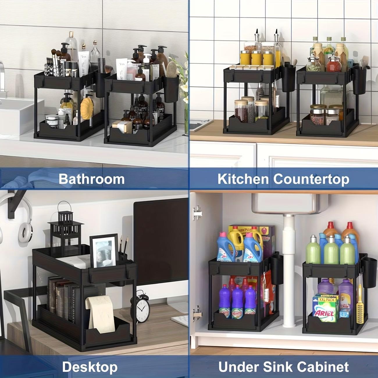 Double Layer Pull-Out Sink Shelf with Hooks, Kitchen Bathroom Storage Basket, Multi-Functional Organizer Rack, Space-Saving Design