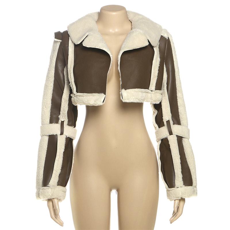 DOUCIU New Autumn And Winter Fashion Personality All-Match Hip-Hop Joint Cool Loose Casual Warm Ladies Retro Pu Leather Contrast Color Cardigan Short Jacket