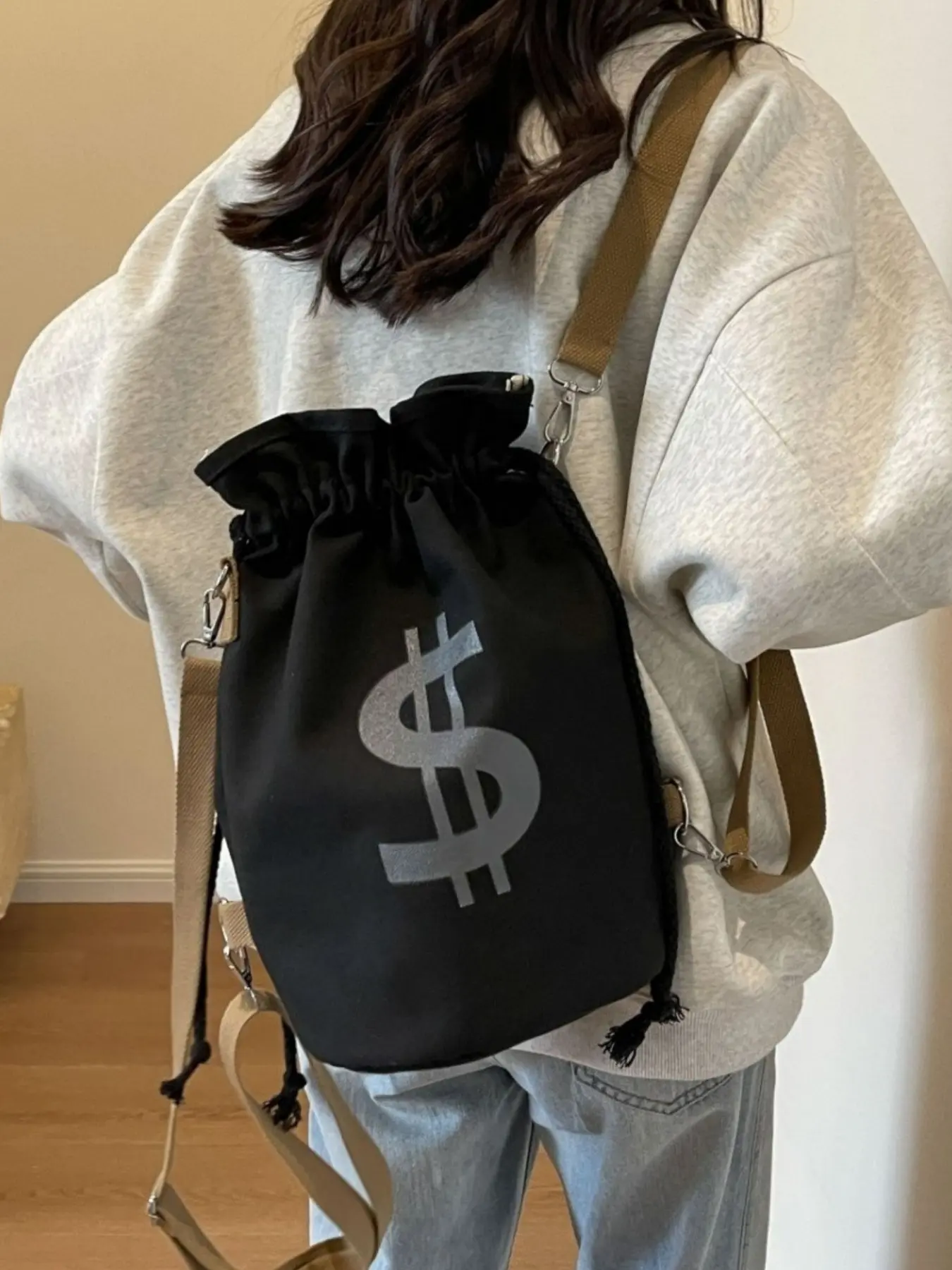 Unisex Drawstring Canvas Bucket Backpack, Large Capacity, Adjustable Straps, Multiple Compartments, Casual Style, All Seasons