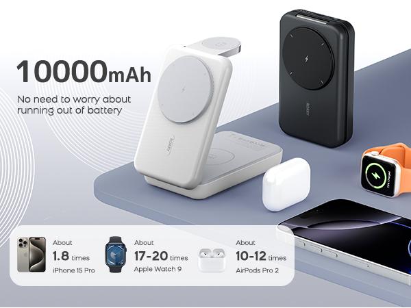 RORRY 3-in-1 Wireless Foldable Power Bank Stand 10,000mAh Power Bank for iPhone 16/15/14/13/12 Pro Max, Apple Watch Ultra Series 10/9/8/7/6/5/4, AirPods, Portable & Travel-Friendly   valentinesdaygiftideas