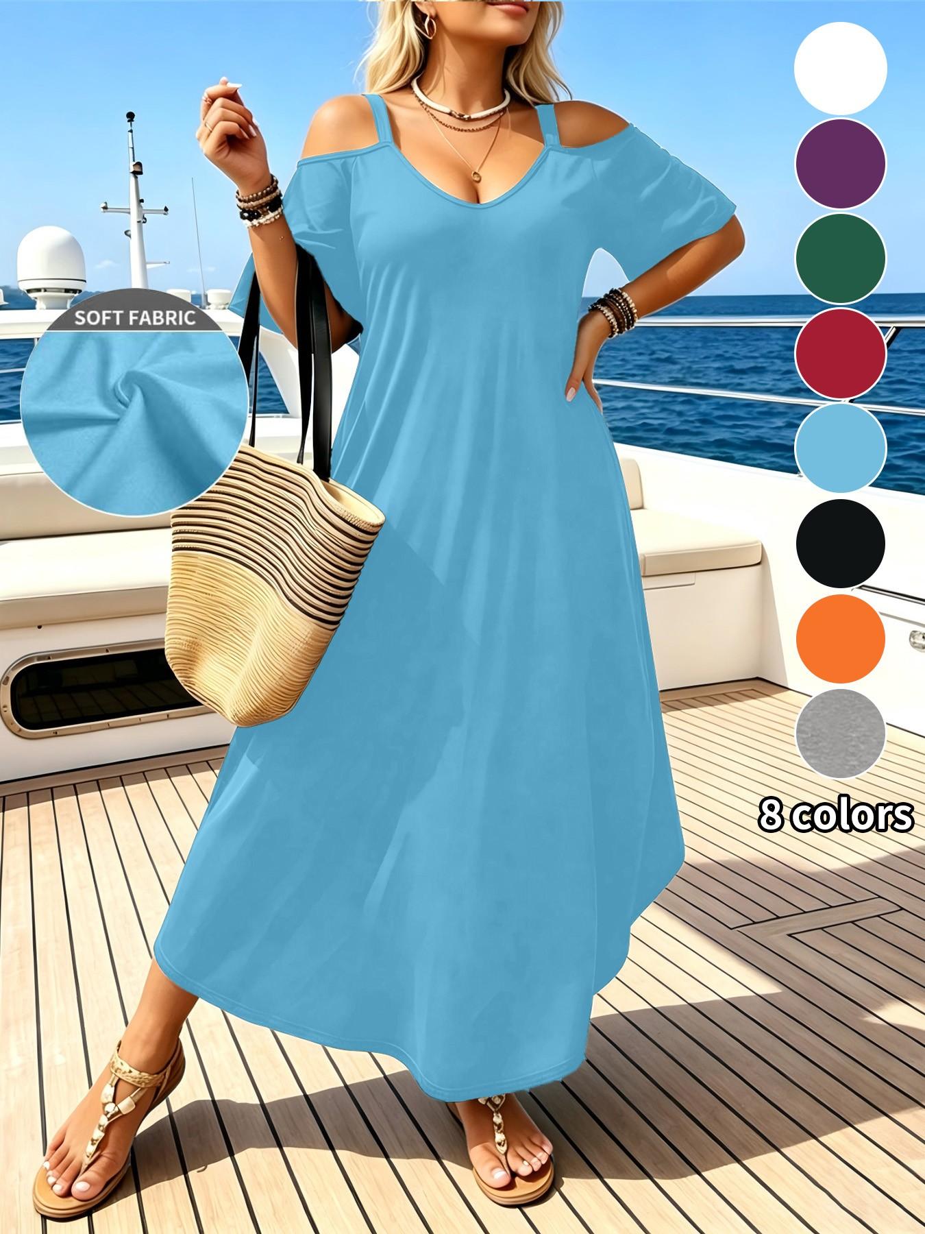 8 Color Options Plus Size Women's Summer Casual Chic Cold-Shoulder Short Sleeve A-Line Maxi Dress, Loose Fit V-Neck, Beach Vacation Essential, Casual Dresses
