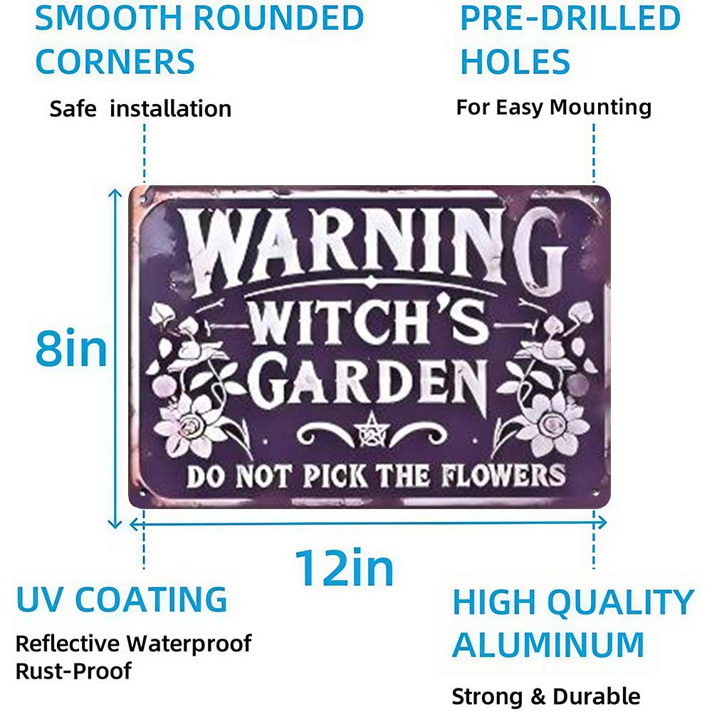 Warning Witch's Garden Do Not Pick The Flowers Metal Sign 12x8 In Aluminum, Vintage Gothic Garden Tin Sign for Yard, Patio, Halloween Decor, Retro Witchy Wall Art, 12x8 Inch Aluminum Plaque