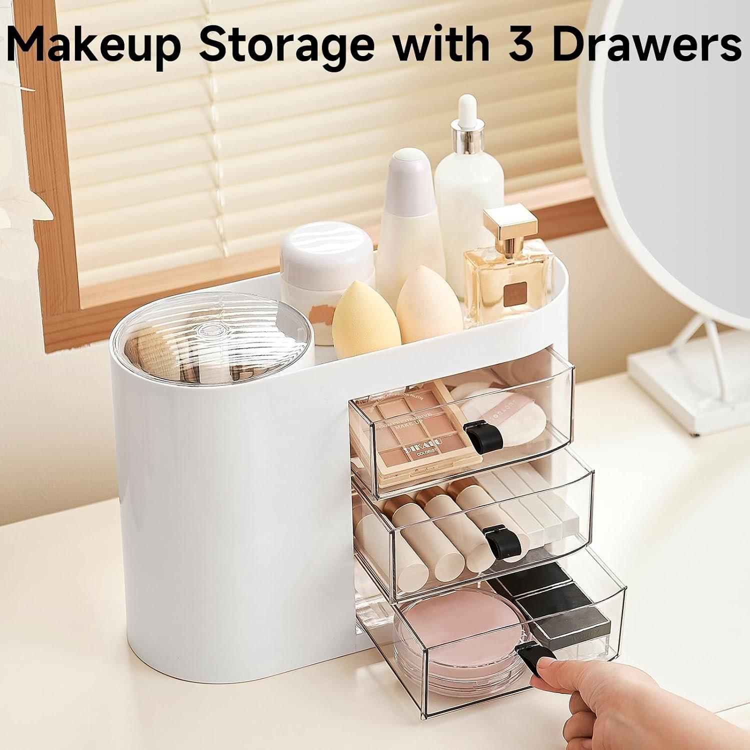 Makeup Organizer with Pop-Up Brush Holder for Dresser , Plastic Bathroom Counter Organizer with 3 Drawers & Dust-Proof Cover,  Display Case for Lipstick, Skincare, White