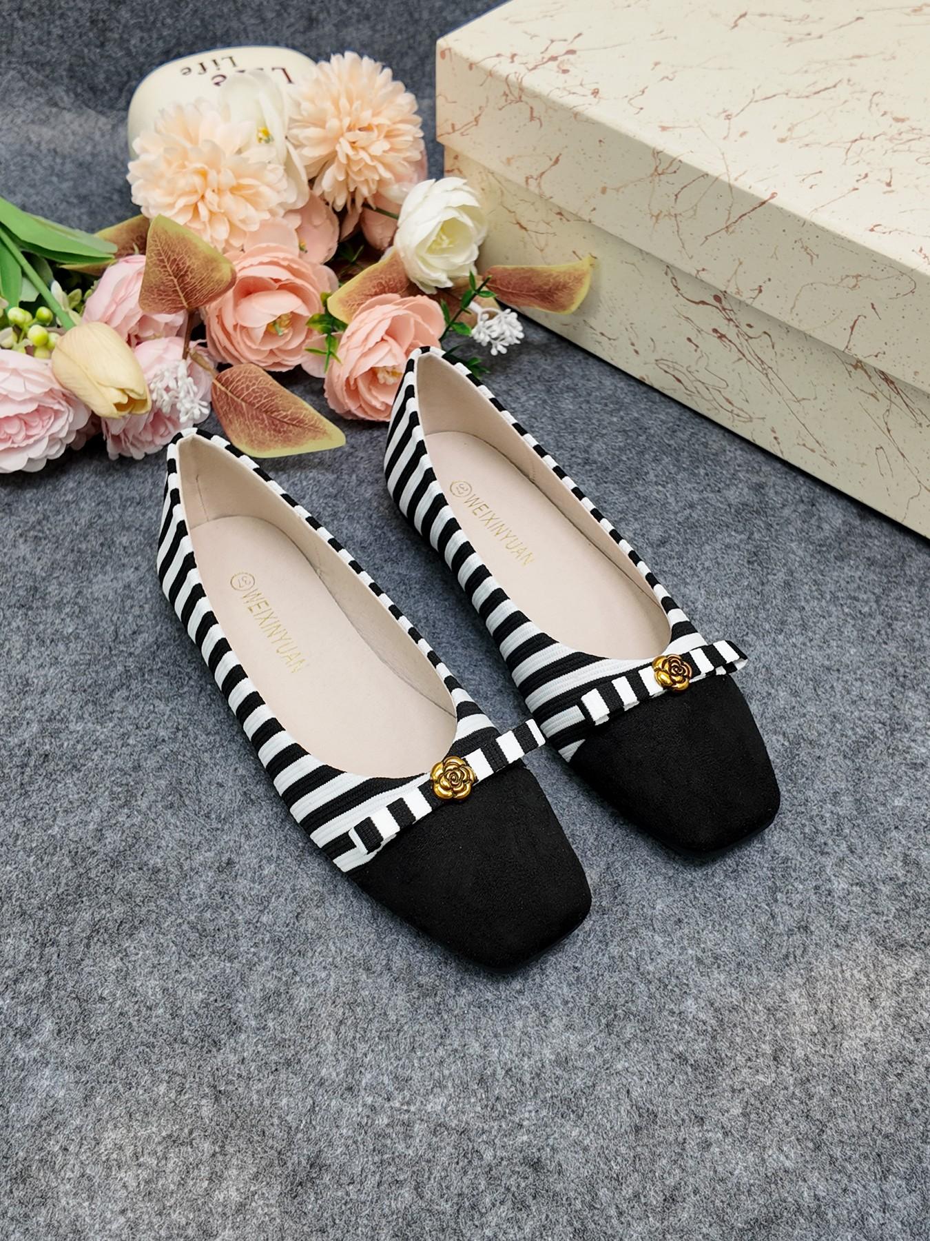 Cute Striped Bow Flat Shoes, Camellia Decoration, Women's Comfortable Casual Shoes, Student Weekend