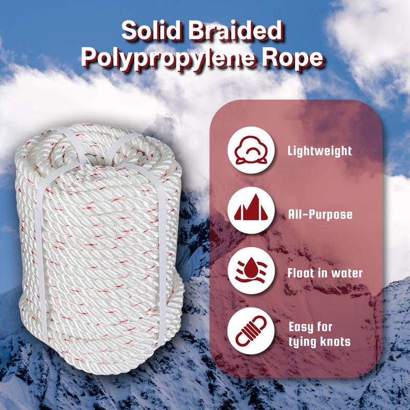 findmall 5/8" & 1/2" Braid Polyester Rope Bull Rigging High Force Polyester Rope 150/ 100 FT White Red/ White Grey Blue