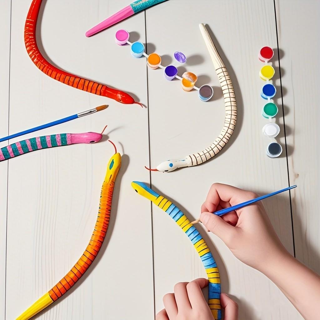 10 piece set of unfinished wooden snake models: 11.81 inches, 12 colors, 2 brushes, flexible activity simulation, animal decoration, fake snake, suitable for party decoration