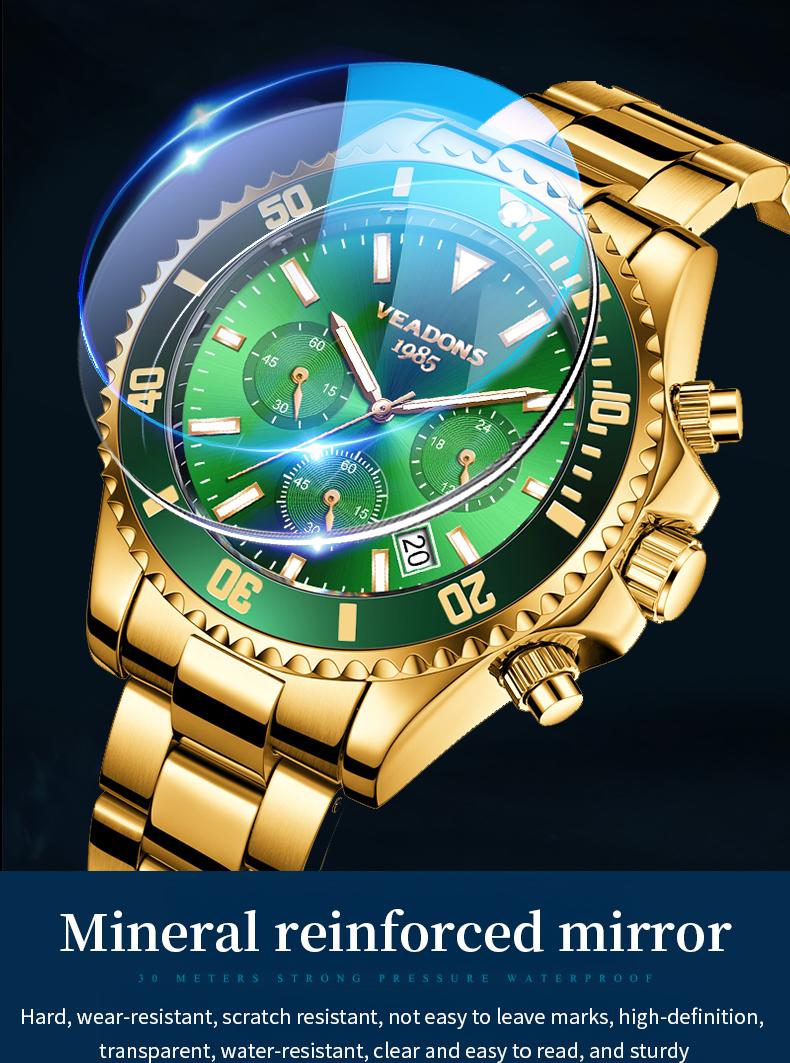 【TikTokShopStockUp】Veadons Men's Luxury Dress Watch, Green Dial, 40mm Stainless Steel Strap, Rotating Quartz Analog, Waterproof Luminous Large Dial Boss Wristwatch summer business