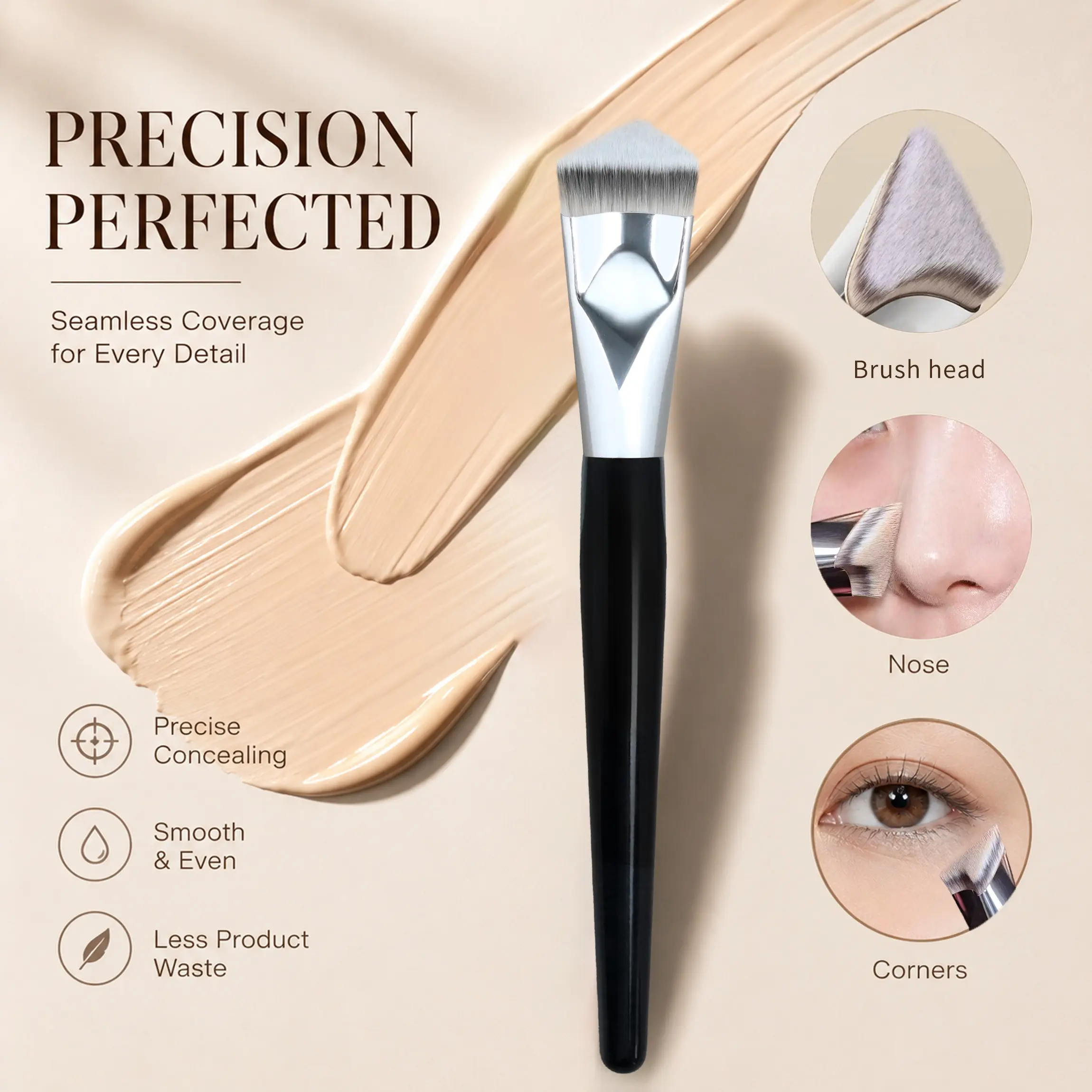 Triangle Concealer Brush, Precision Foundation Brush for Nose Wings & Eye Corners, Soft Fiber Makeup Brush with Wooden Handle for Flawless Base Application，Suitable for both professionals and beginners