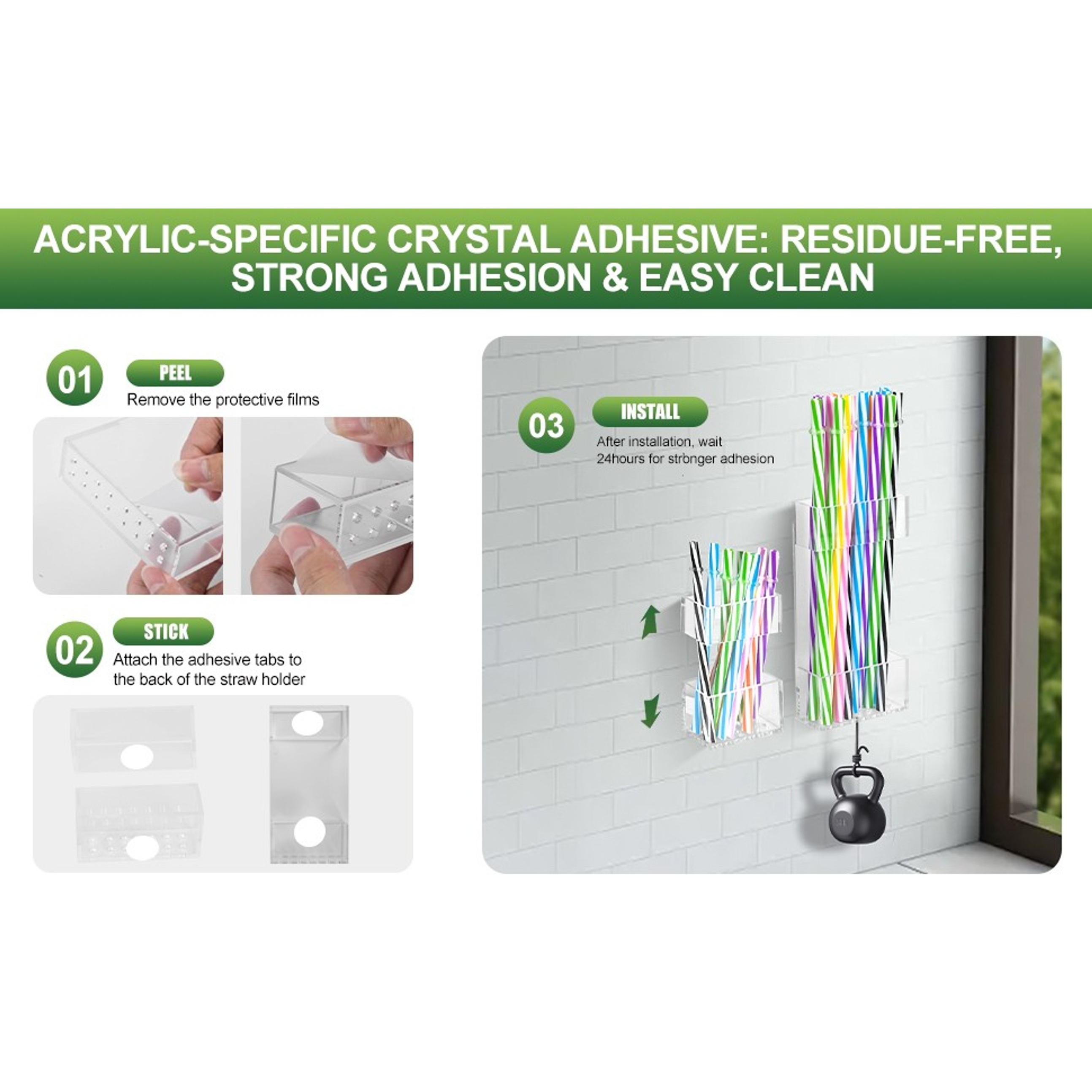 2 Pack Acrylic Straw Holder for Cabinet Doors, Reusable Straw Organizer with Ultra-Sticky Adhesive, Space-Saving Kitchen Storage for Short & Long Straws (Transparent)