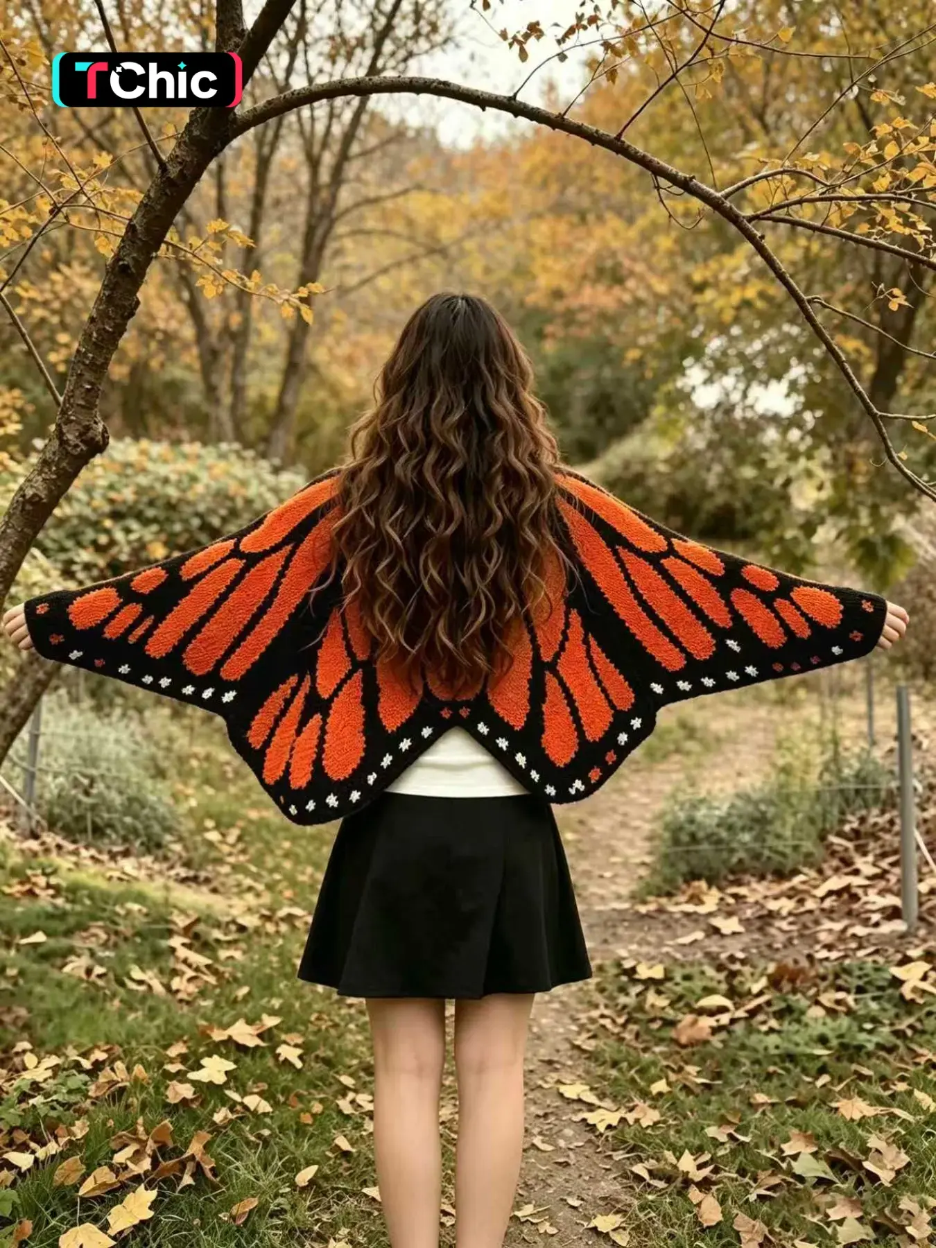 Women's Open Front Contrast Monarch Butterfly Full Wing Design Fall/Winter Casual Fashion Loose Long Sleeve Knit Cardigan – Niche Artistic Sweater Coat