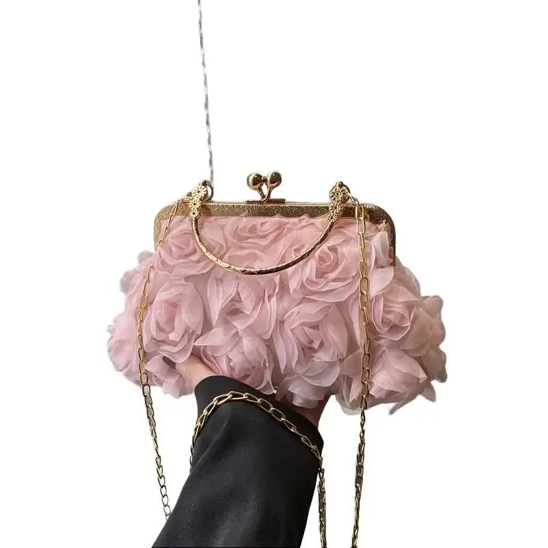 Women's Elegant Synthetic Shoulder Clutch Purse with 3D Flowers, Adjustable Chain Strap, Chain Clasp for Weddings, Evening Events (Sports & Outdoor Protective Gear Accessory)