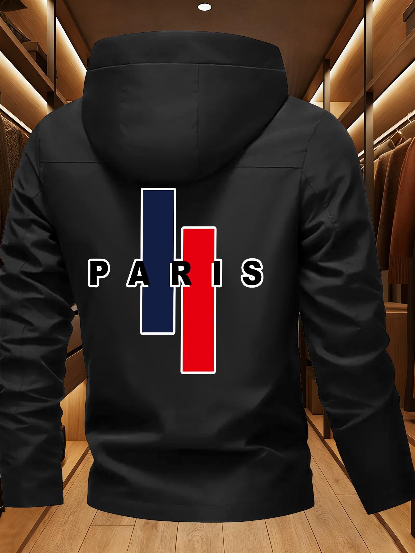 Paris Letter Print Jacket, French Flag Color Hooded Windbreaker, Casual Long Sleeve Loose-Fit Top, Geometric Pattern, All Seasons