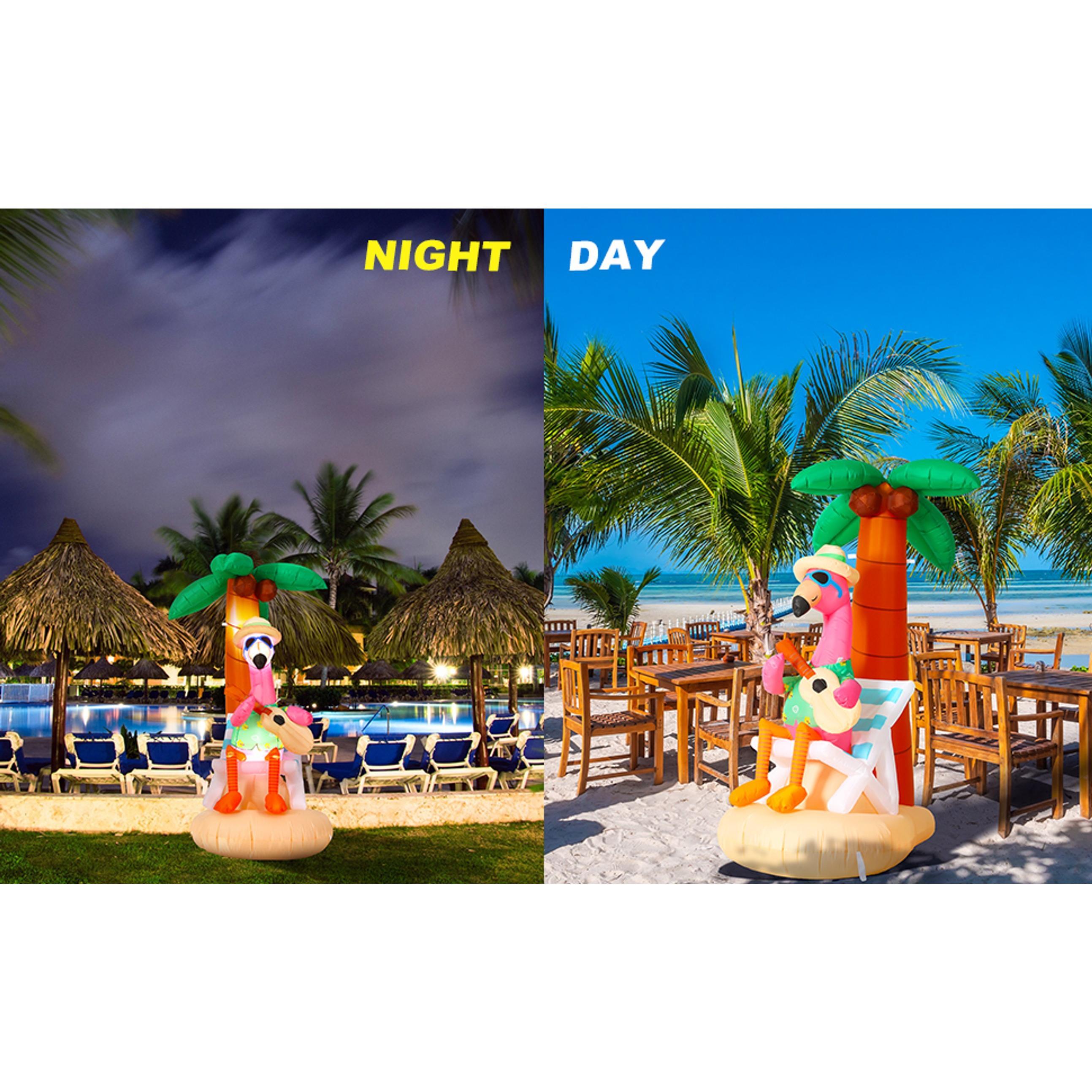 6 ft Inflatable Flamingo with Coconut Tree, Bright LED Lights, Built-in Blower & Plugs - Easy Installation Aloha Luau Decor for Outdoor Home Garden Pool Beach Party (Pet-Friendly Outdoor Celebration Accessory), Hawaiian, Colleagues, Family, Beach Chair
