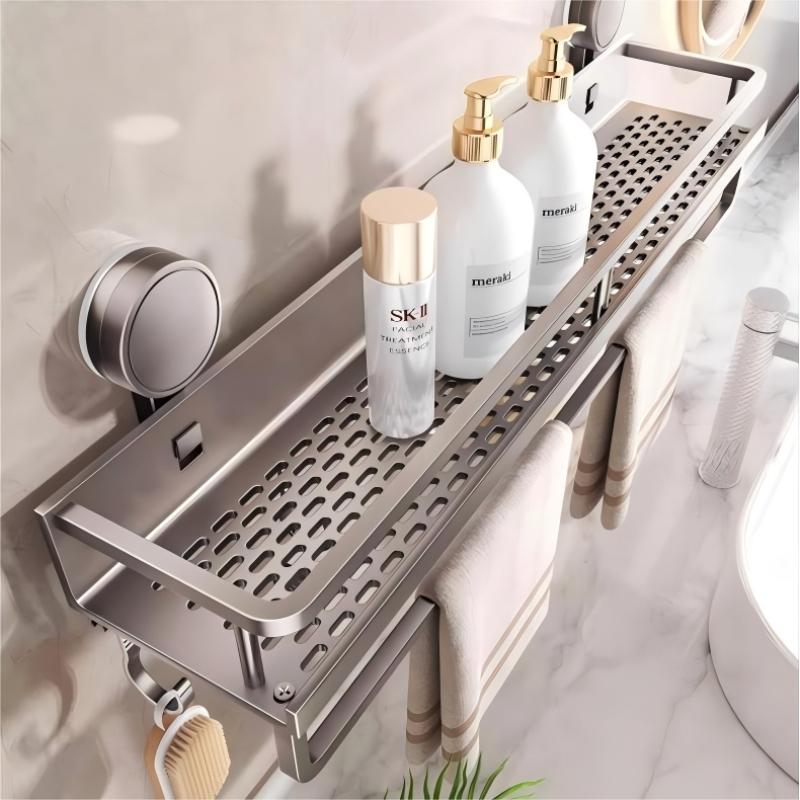 Multifunctional Rust-Resistant Shower Rack with Towel Hook, Space Saving Bathroom Organizer, Bathroom Organizing Accessories, No Drilling Installation Required