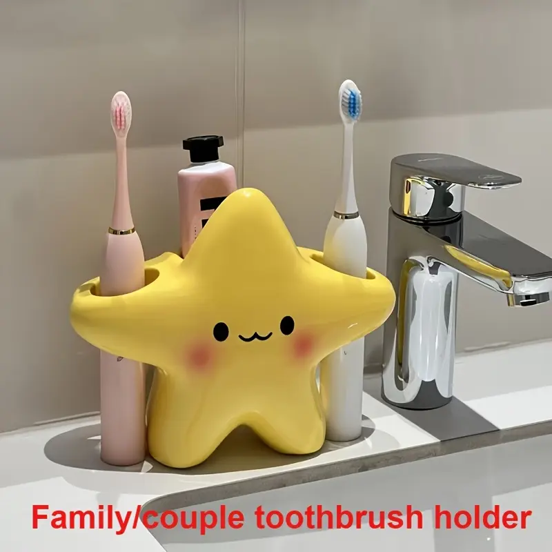 1pc Cute Star Toothbrush Holder with Adorable Face - Freestanding Space-Saving Plastic Bathroom Organizer, Durable Star-Shaped Container for Toothbrush & Toothpaste, Open-Top Design (No Assembly)