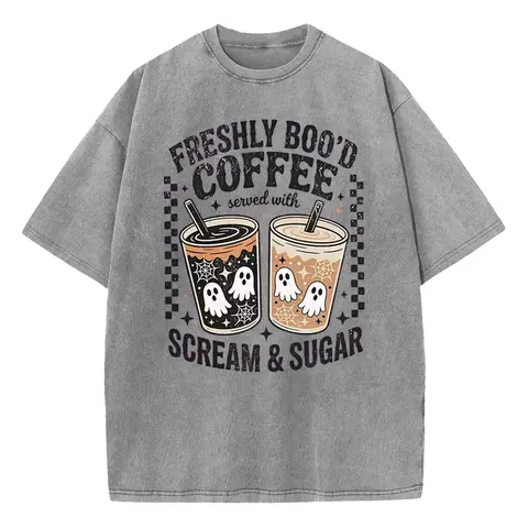 Holafish Women's Short-Sleeve Retro Washed Comfortable Graphic Print T-Shirt - Funny Scream & Sugar Ghost Coffee Artwork, Soft Loose Drop-Shoulder Piece, Cute Fall Style for Everyday Streetwear & Halloween Events