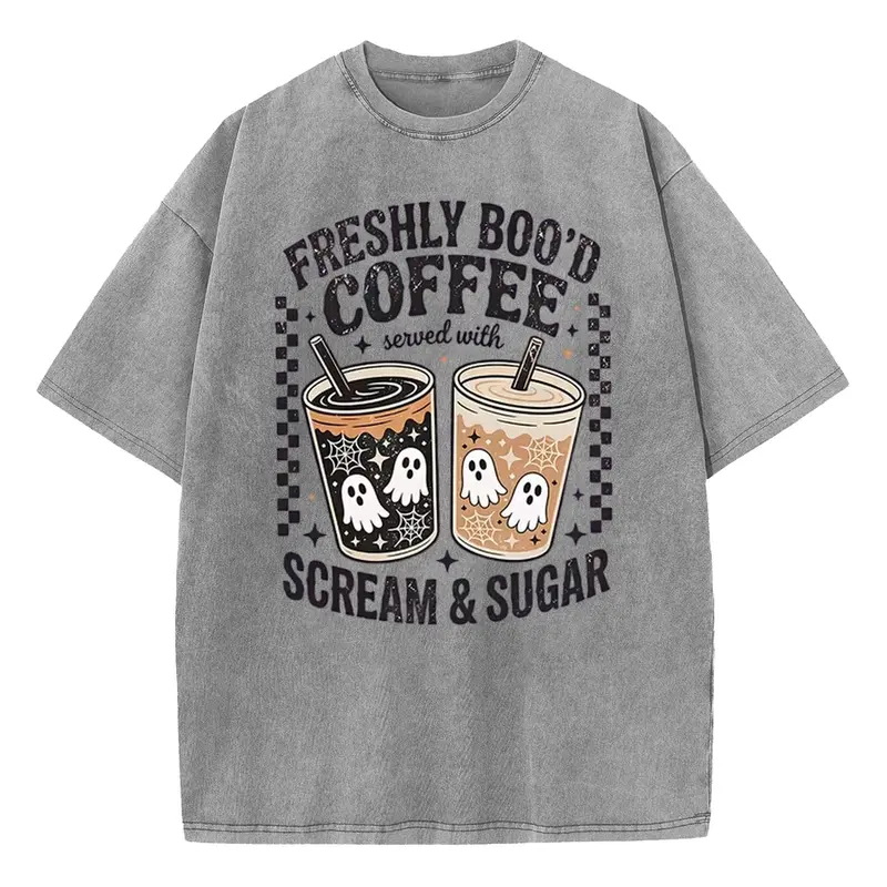 Holafish Women's Short-Sleeve Retro Washed Comfortable Graphic Print T-Shirt - Funny Scream & Sugar Ghost Coffee Artwork, Soft Loose Drop-Shoulder Piece, Cute Fall Style for Everyday Streetwear & Halloween Events