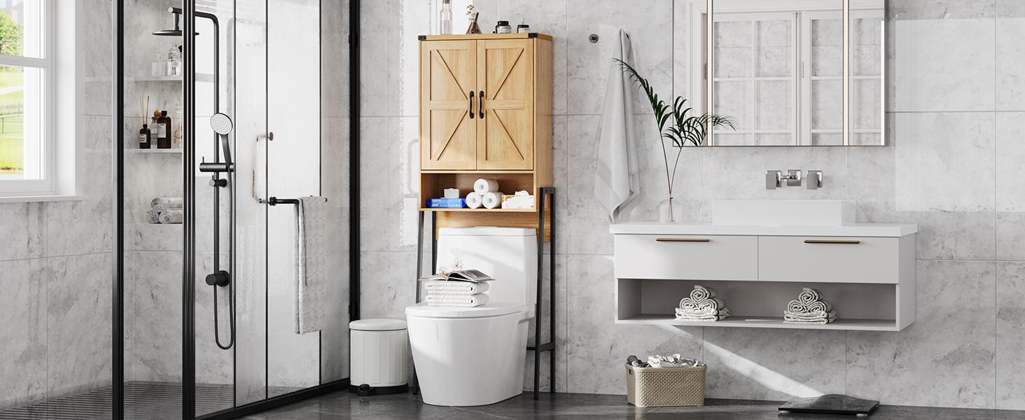 Vabches Over Toilet Storage with 2-Door Design Over The Toilet Storage Cabinet with Shelves Bathroom Organizers and Storage with Anti-Tip Device Over Toilet Organizer for Bathroom,Restroom,Laundry