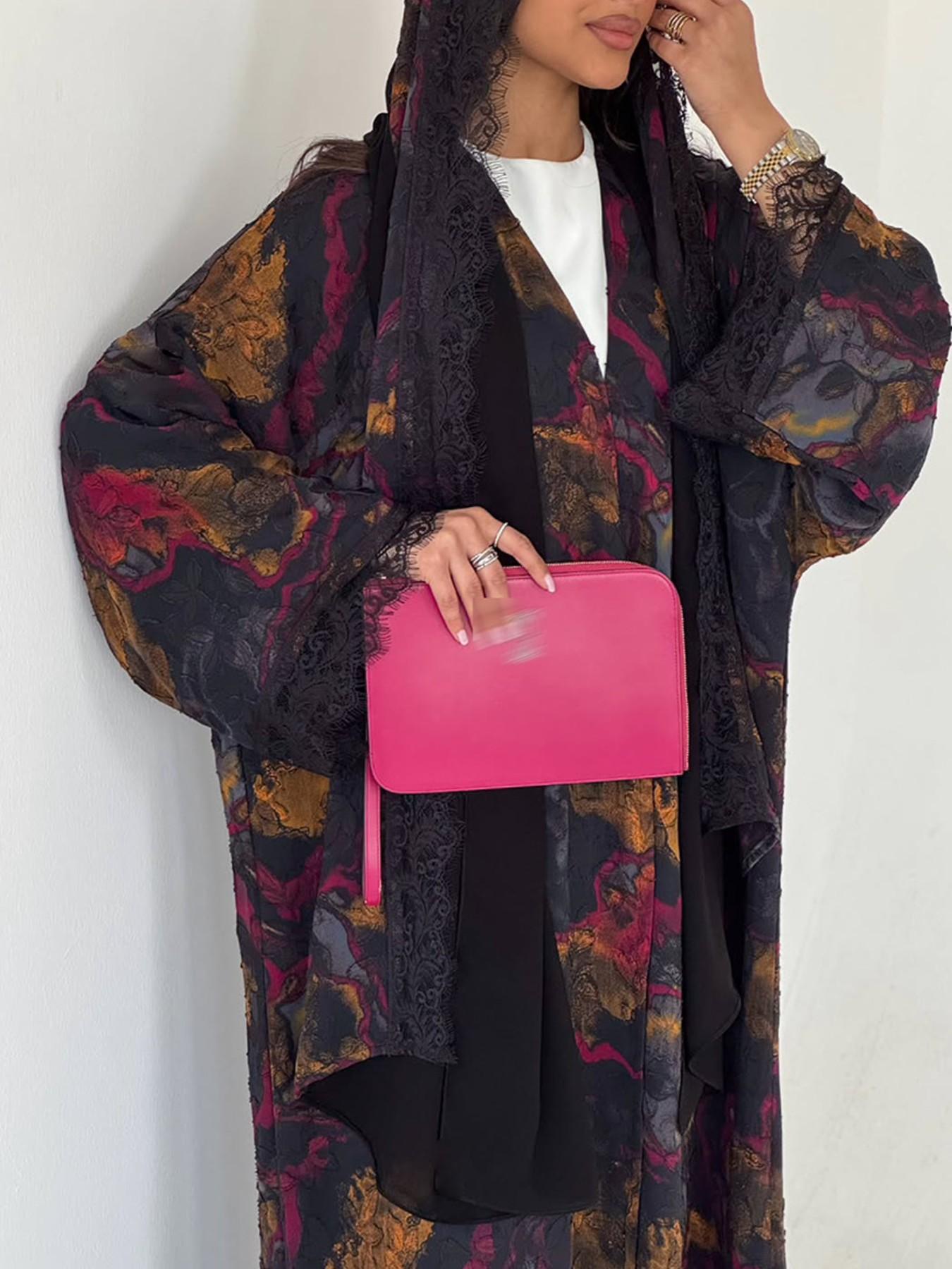 Women's Luxurious Lace Marble Print Robe, Elegant Open Front Kimono Style, Lace Trimmed, Muslim Modest Dress, Ramadan Eid Fashion