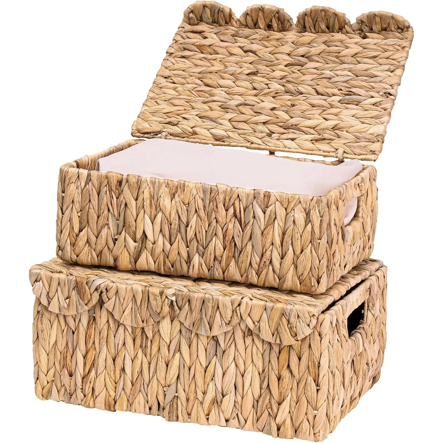 2-Pack Decorative Wicker Rattan Rectangle Baskets with Scalloped Edges, Lids & Built-in Handles - Multipurpose Pet Supplies Organizer for Space Organization, Shelf Display