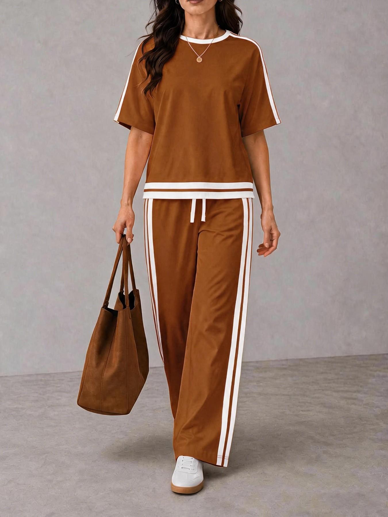 Women's Casual Sportswear Set, Plain Round Neck Short Sleeve T-Shirt and Striped Pants, Spring Summer Two-Piece, All Seasons, Loose Casual Athleisure