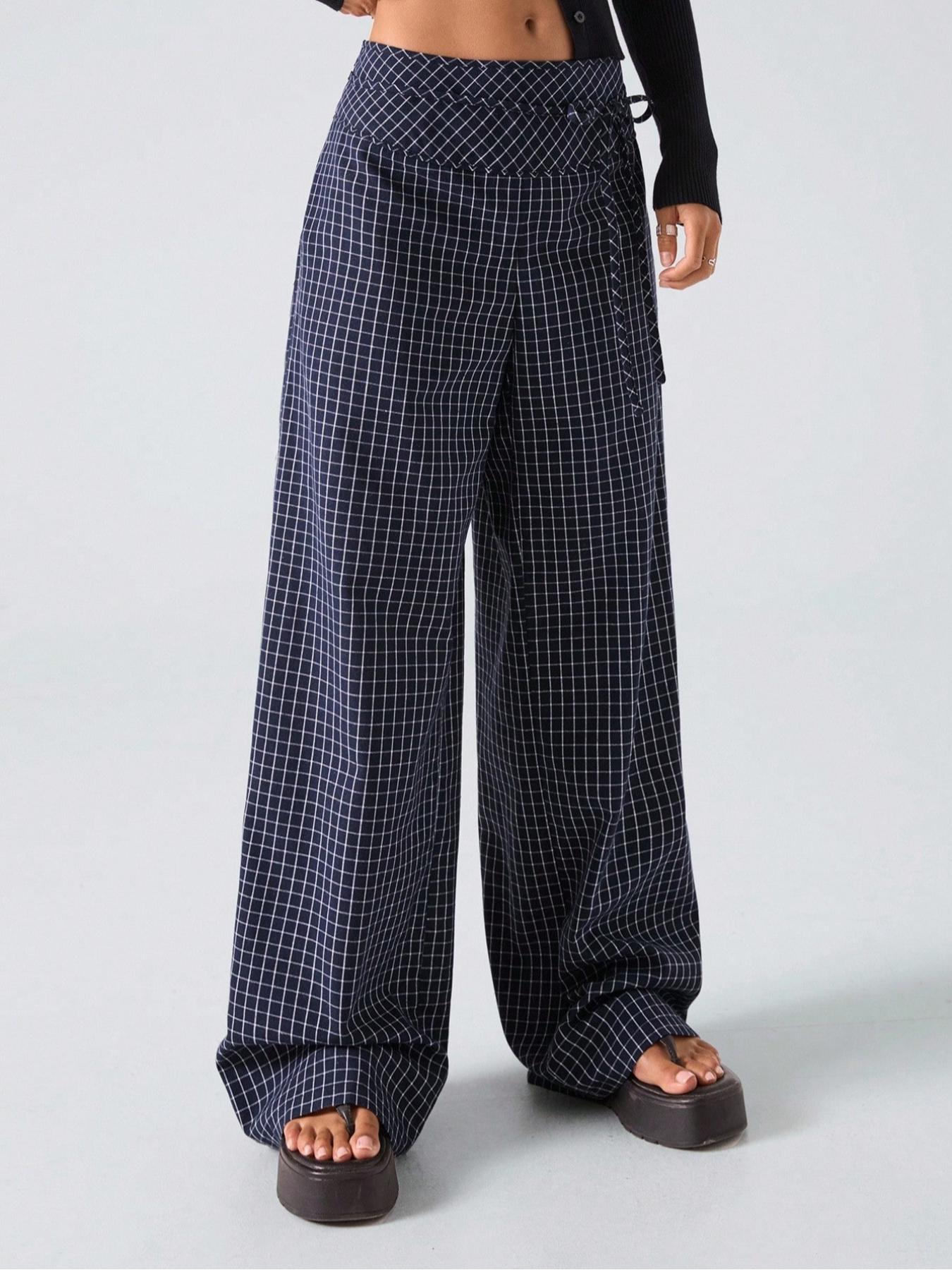 Plaid Print Knot Waist Wide Leg Pants, Casual Street Trousers, Vintage British Style, Fashionable and Versatile, Slimming Fit, Comfortable, All Seasons